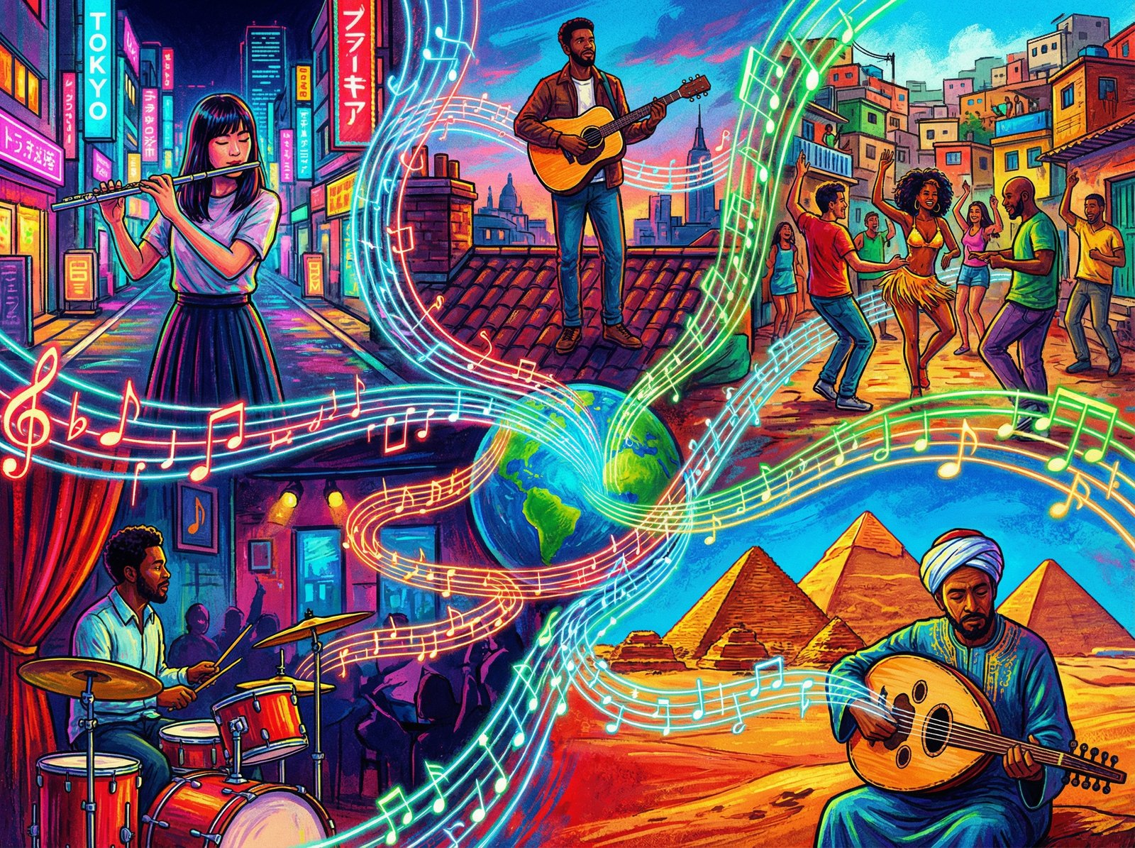 A creative illustration showing various people in different parts of the world connected by glowing musical note lines, vibrant colors, artistic digital art style, high contrast, aspect ratio 4:3, no text.