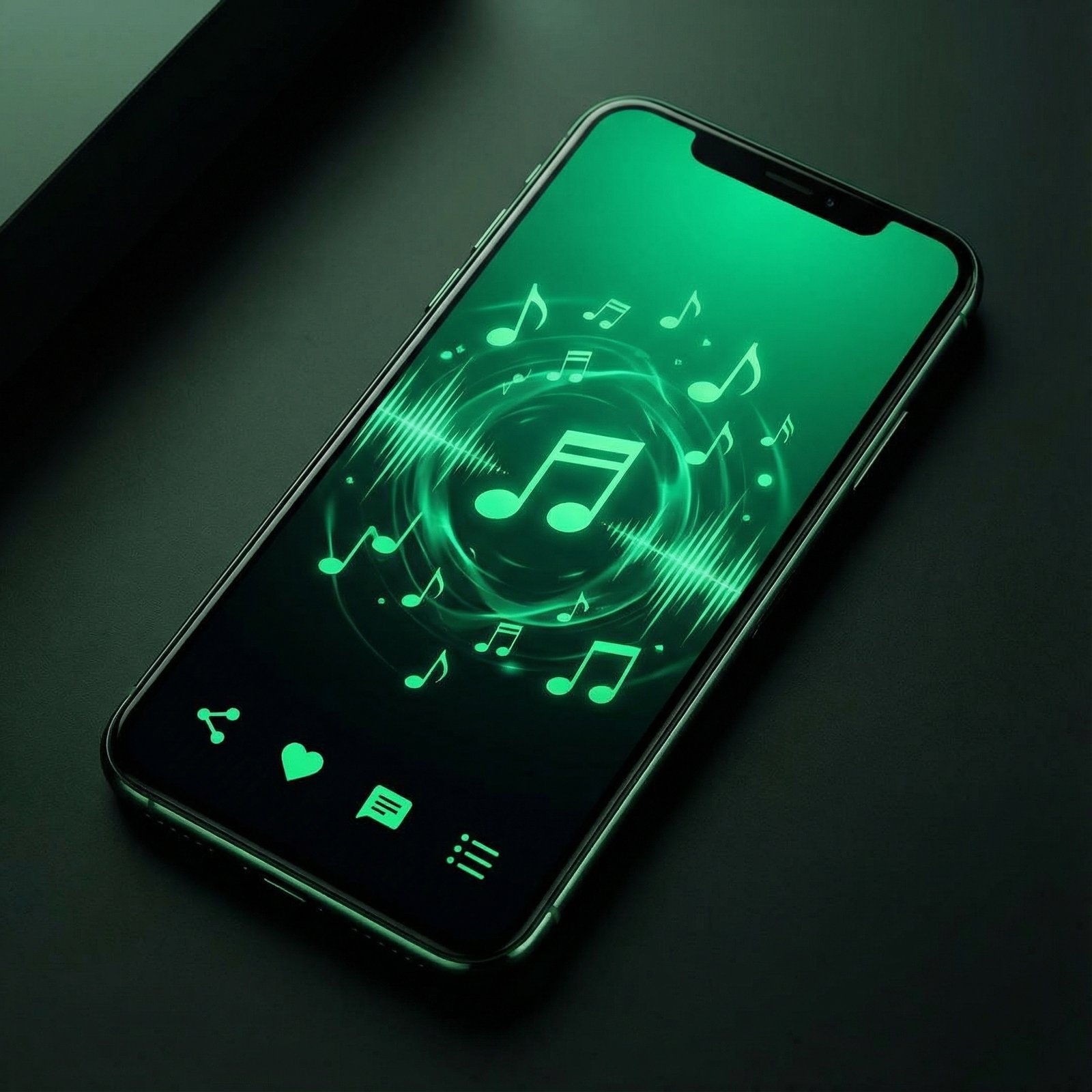 A modern smartphone screen showing a stylish music player interface with floating musical notes and social icons, vibrant green and dark aesthetic, high contrast, 1:1, no text