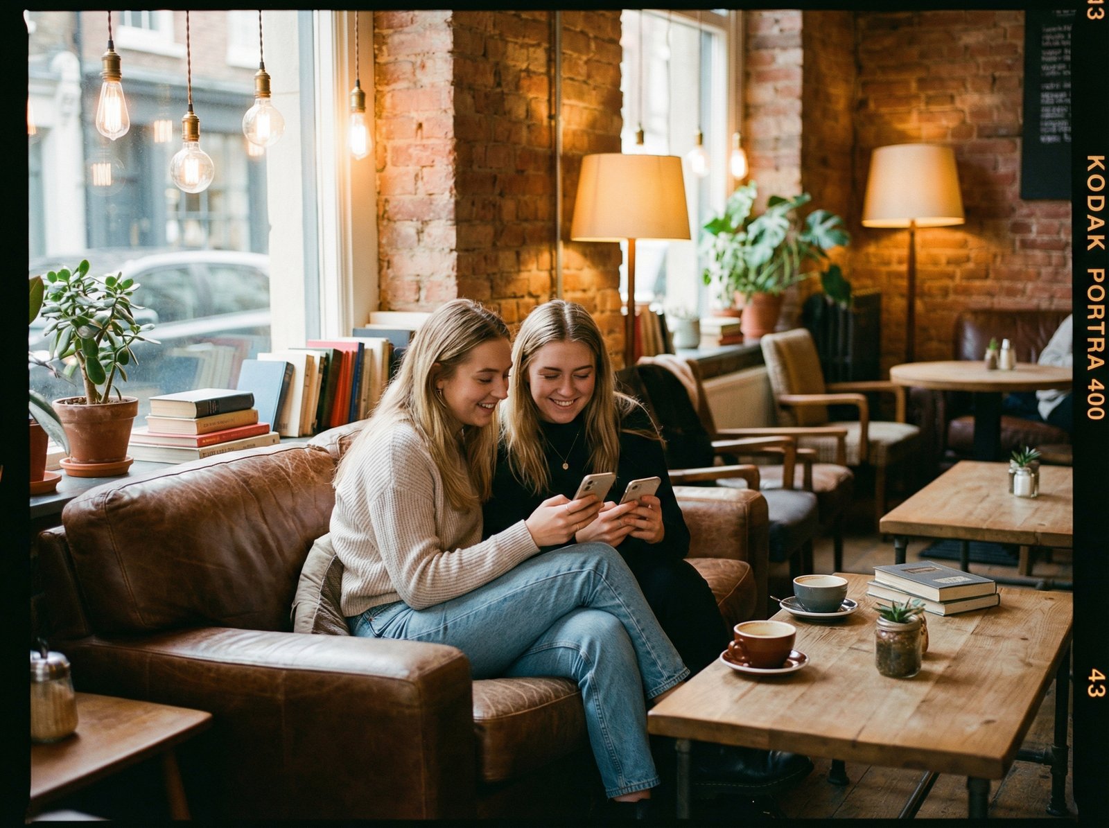 Two young friends sitting in a cozy urban cafe looking at their iPhones and smiling, high-quality lifestyle photography, warm lighting, natural setting, 4:3, no text