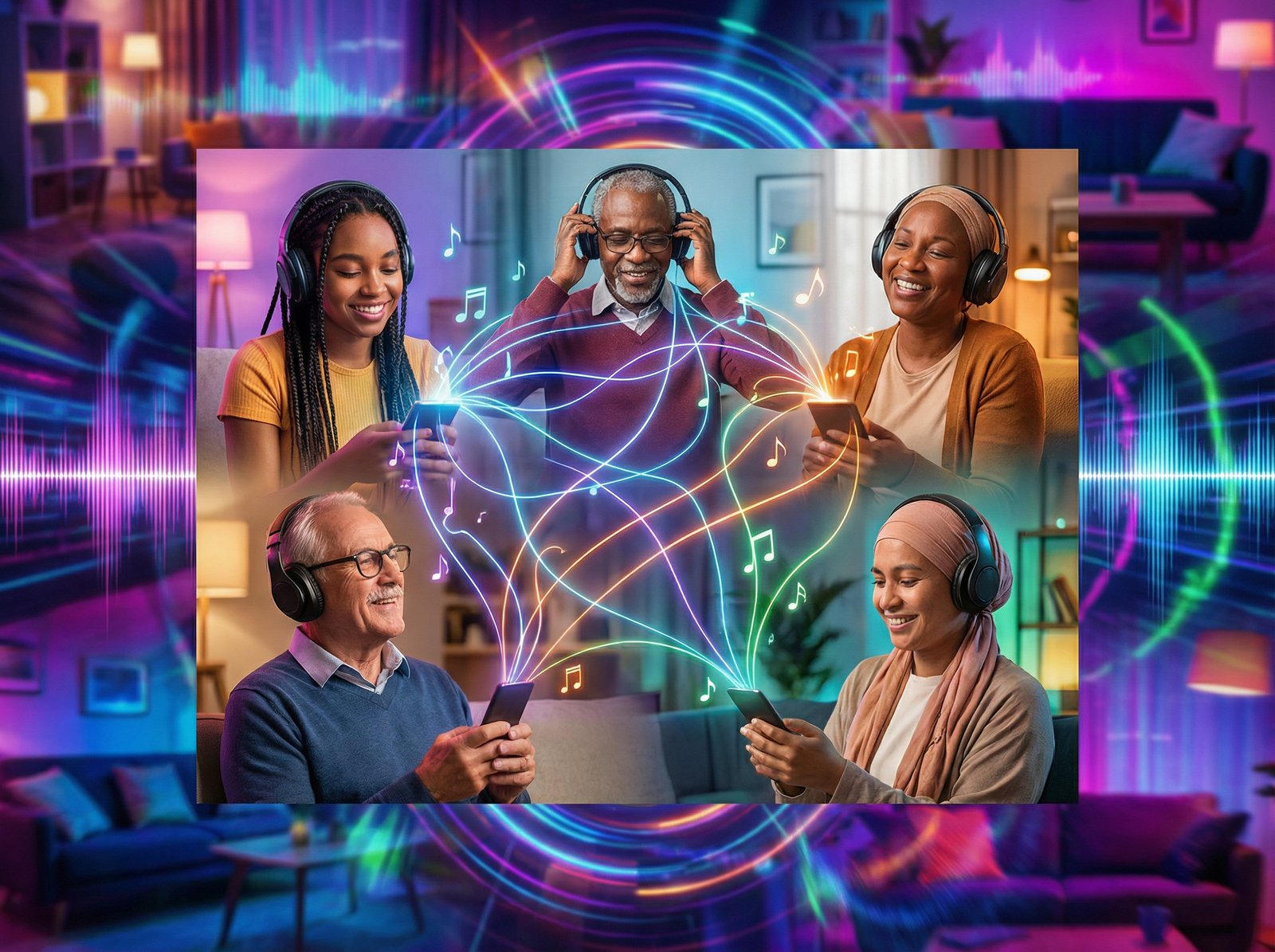 A group of diverse people remotely connected via glowing digital lines and music notes representing a shared listening session, colorful and energetic background, centered focus, 4:3, no text
