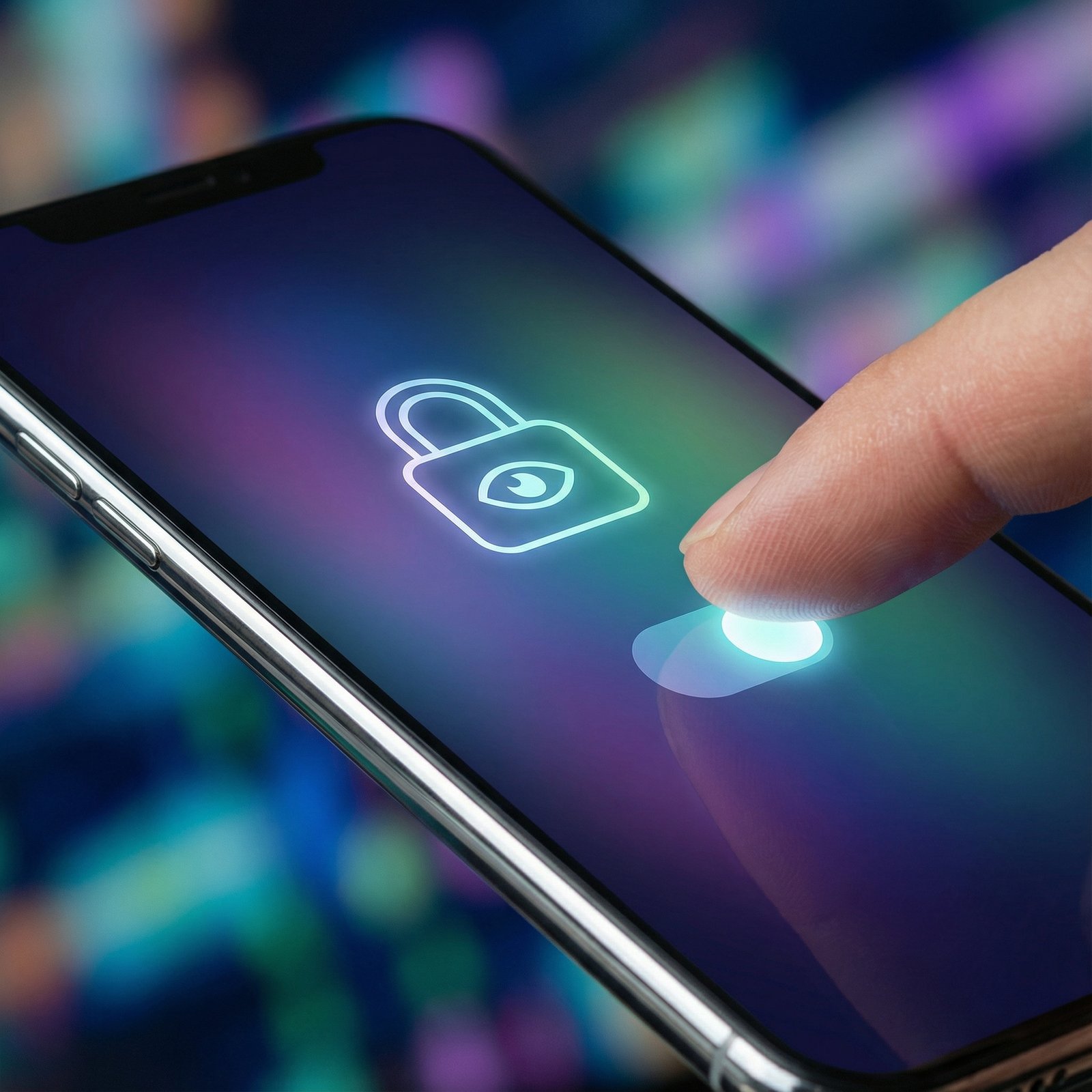 Close-up of a finger tapping a digital toggle button on a glowing smartphone screen representing privacy settings, sleek and futuristic app design, colored gradient background, 1:1, no text