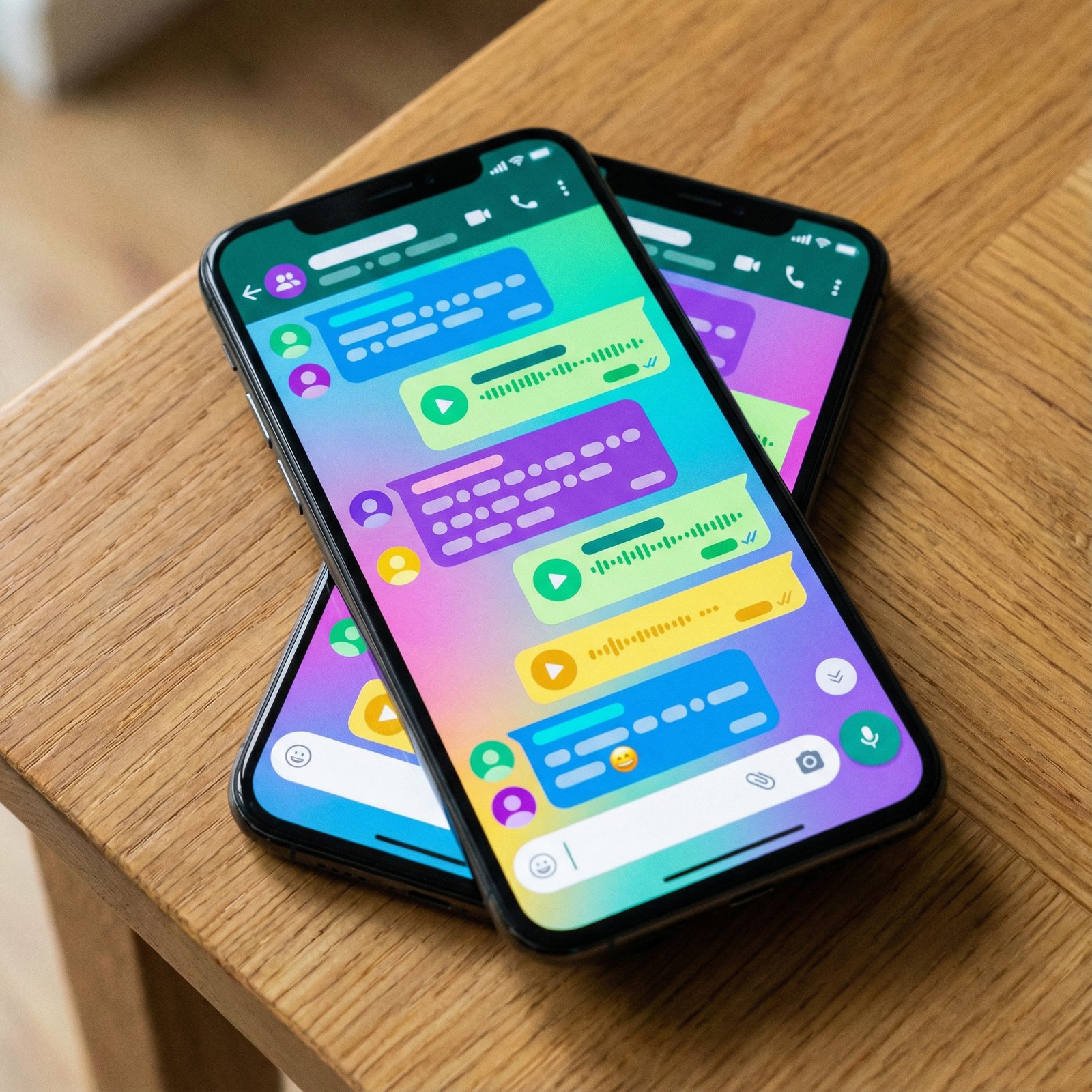 A modern smartphone displaying a vibrant WhatsApp group chat interface with colorful UI elements and message bubbles on a clean wooden table. 1:1 aspect ratio, no visible text.