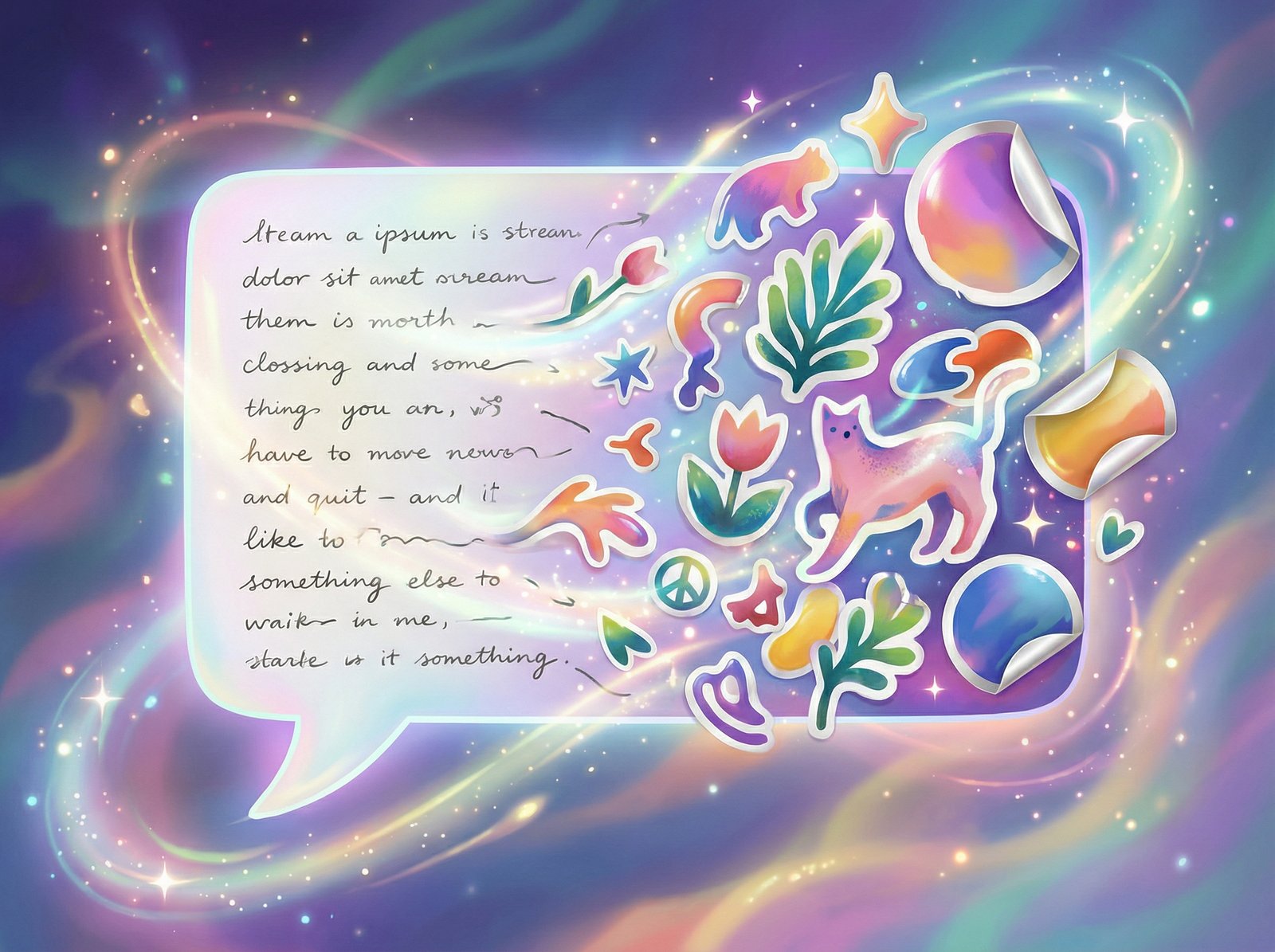 A creative digital illustration showing a chat bubble where plain text is magically transforming into colorful and artistic sticker shapes. 4:3 aspect ratio, no visible text.