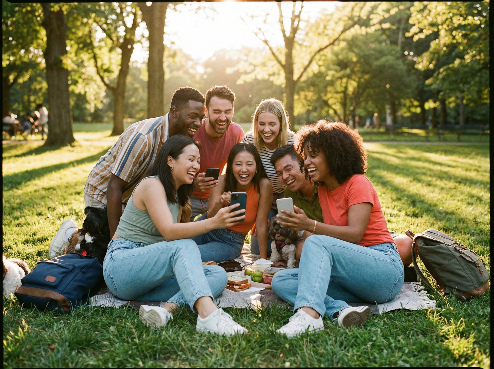 A group of diverse friends sitting together in a sunlit park, looking at their smartphones and laughing. Lifestyle photography, warm lighting, 4:3 aspect ratio, no visible text.