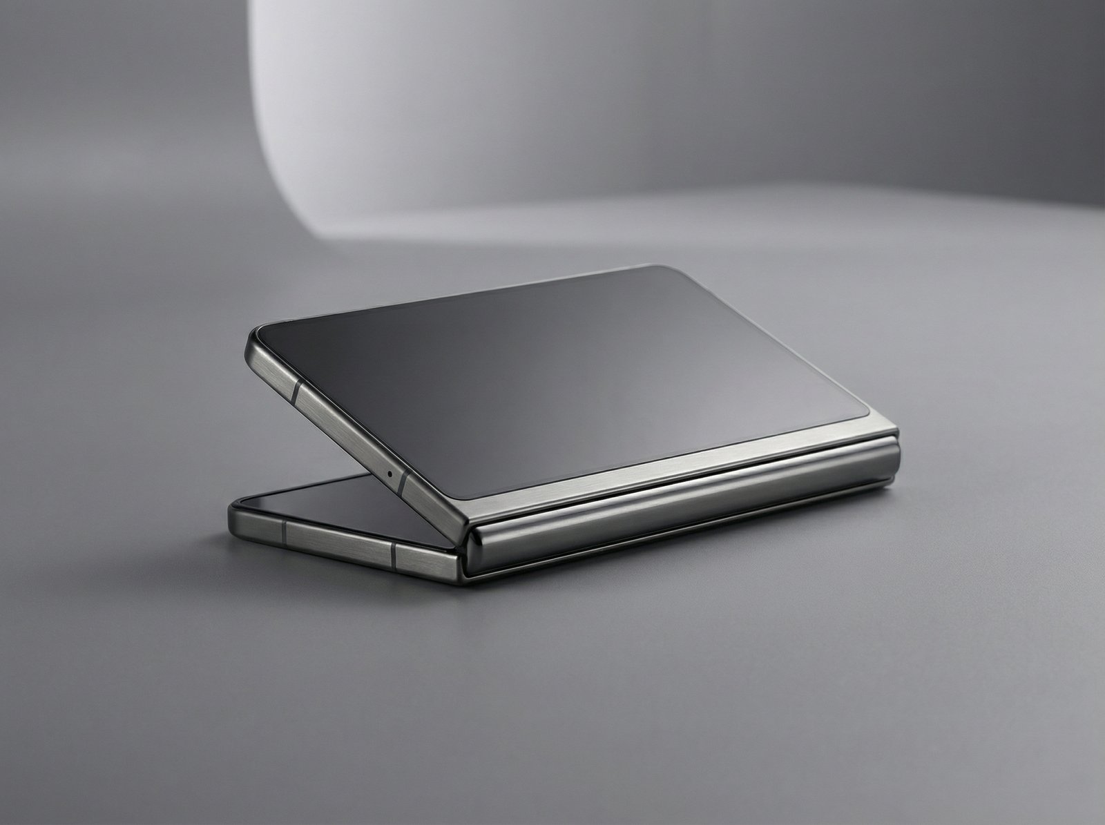 A foldable smartphone with a titanium finish, book-style folding mechanism, extremely thin profile, high-end look, set on a professional studio background, 4:3 ratio, no visible text