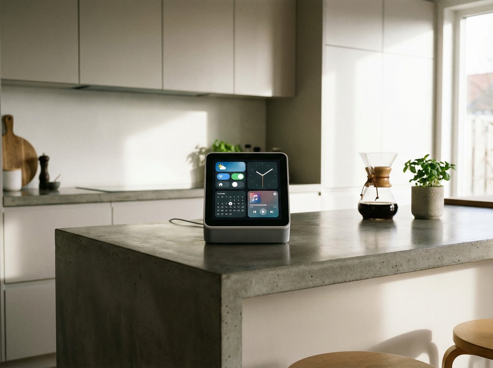 A small smart home hub with a 7-inch square screen showing widgets and a clock, placed on a modern kitchen counter with a minimalist aesthetic, 4:3 ratio, no visible text