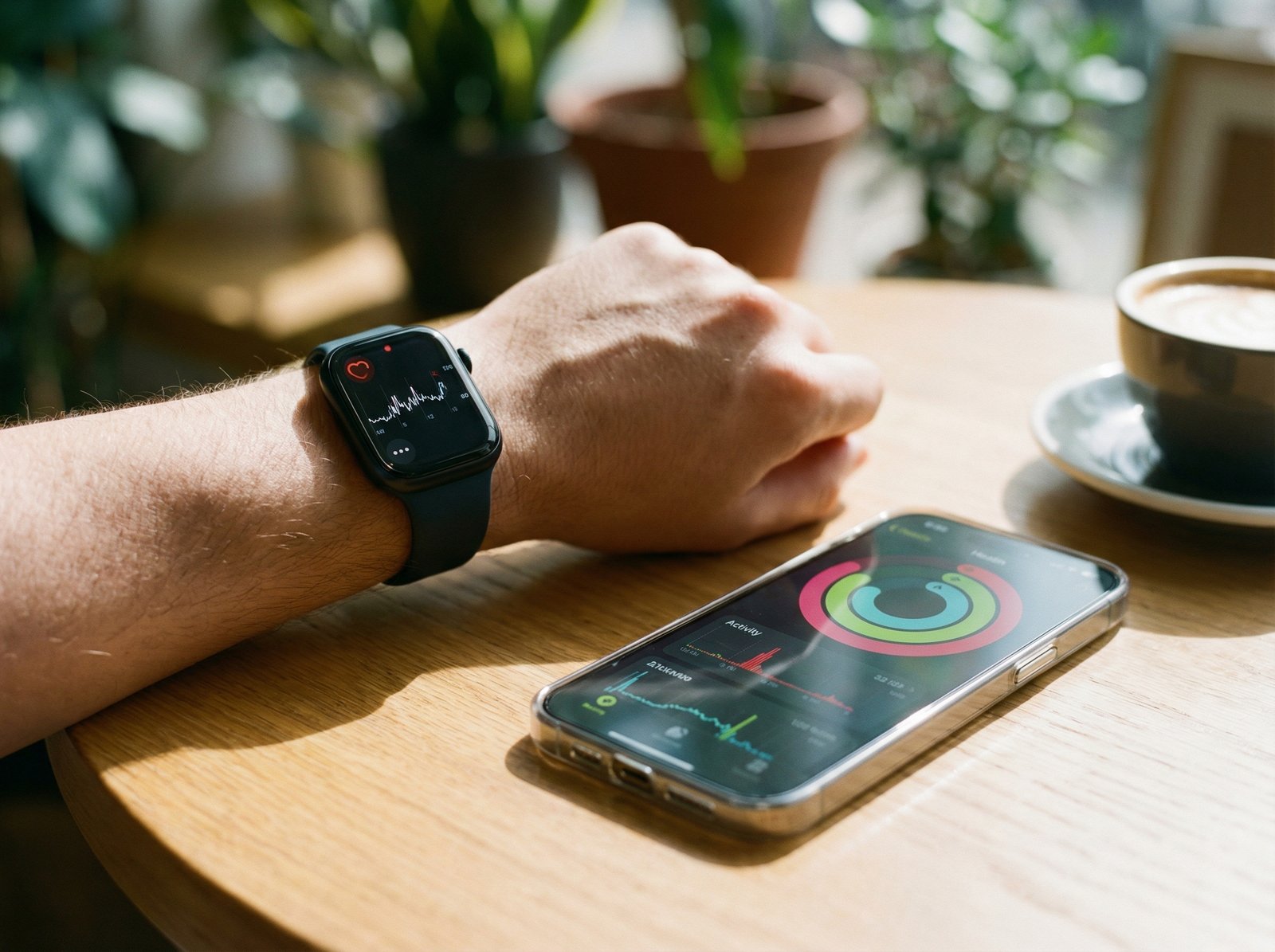 Close-up of a person's wrist wearing an Apple Watch showing a heart rate monitor graph, beside an iPhone with a sleek health app interface, natural daylight, lifestyle photography, soft focus background, 4:3 aspect ratio, no text.