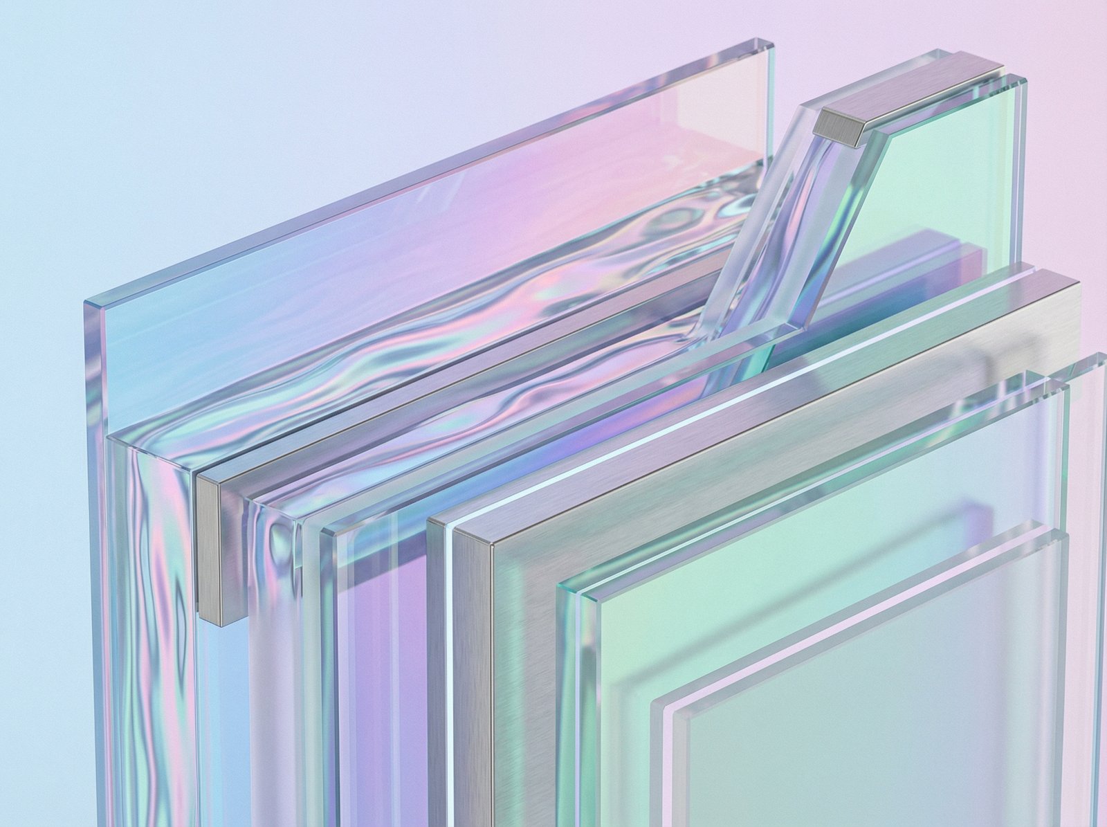 Abstract artistic representation of layered glass sheets with liquid light reflections, soft pastel colors, modern tech aesthetic, clean and minimal composition, high resolution rendering, 4:3 aspect ratio, no text.