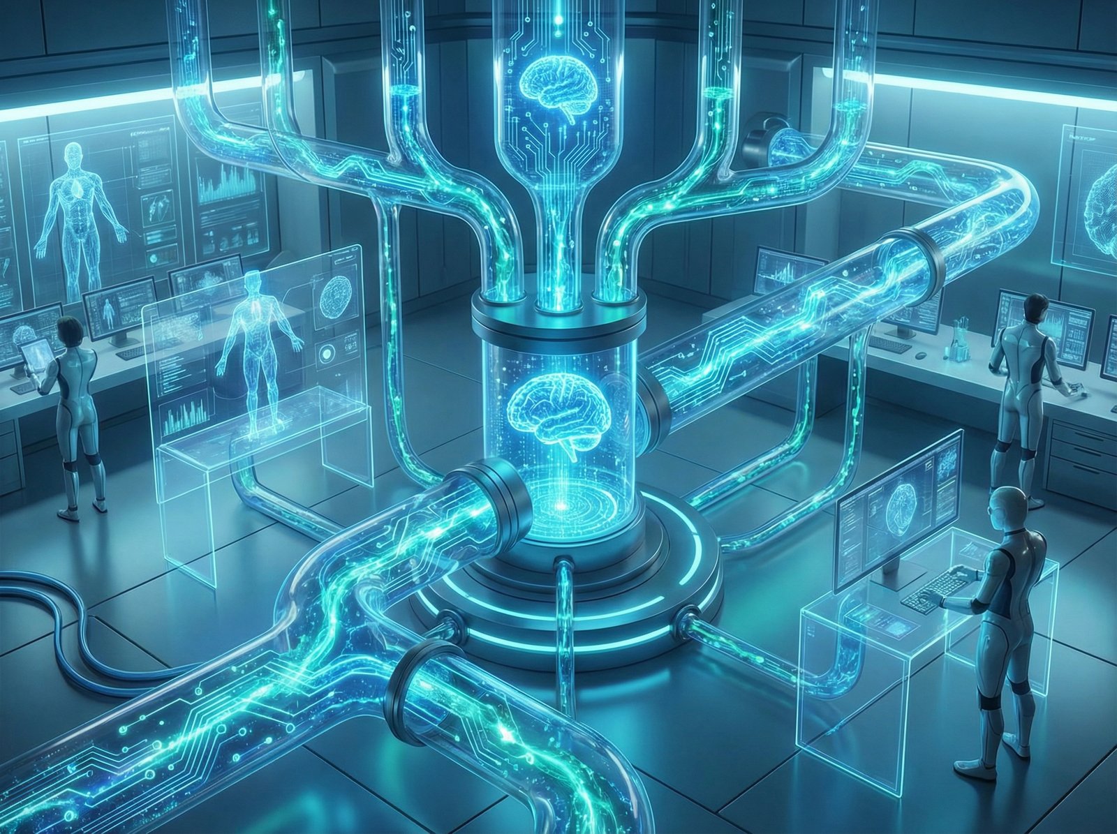 A conceptual illustration of digital health data flowing like water through glass channels, vibrant blue and teal lighting, futuristic laboratory feel, high detail, 4:3 aspect ratio, no text.