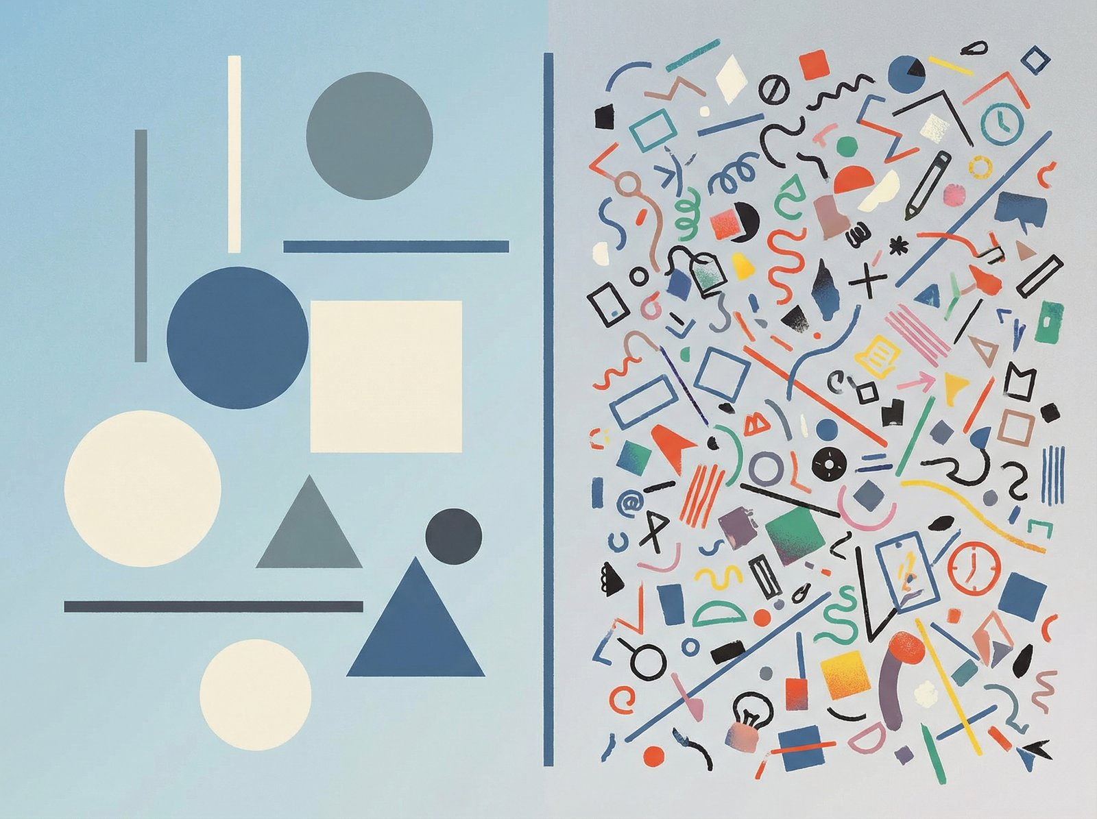 An artistic 4:3 illustration representing the concept of minimalist design versus cluttered design. On one side, clean and simple geometric shapes; on the other, a chaotic mix of small icons and lines. The background is a soft gradient of blue and grey, creating a modern and intellectual atmosphere. aspect ratio 4:3, no text.