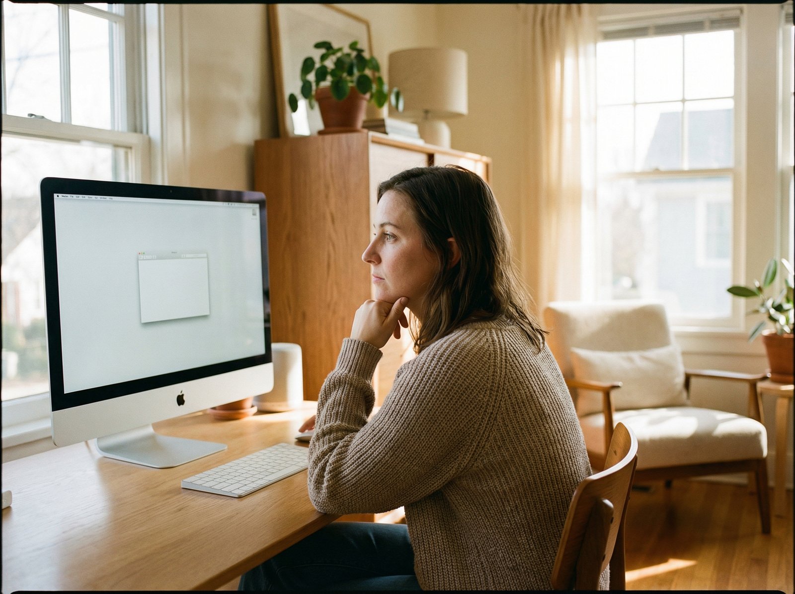 A realistic lifestyle photograph of a person looking thoughtfully at a clean, minimalist Mac interface in a brightly lit, modern home office. The overall mood is hopeful and focused on high-quality aesthetics. Warm natural lighting from a window. aspect ratio 4:3, no text.