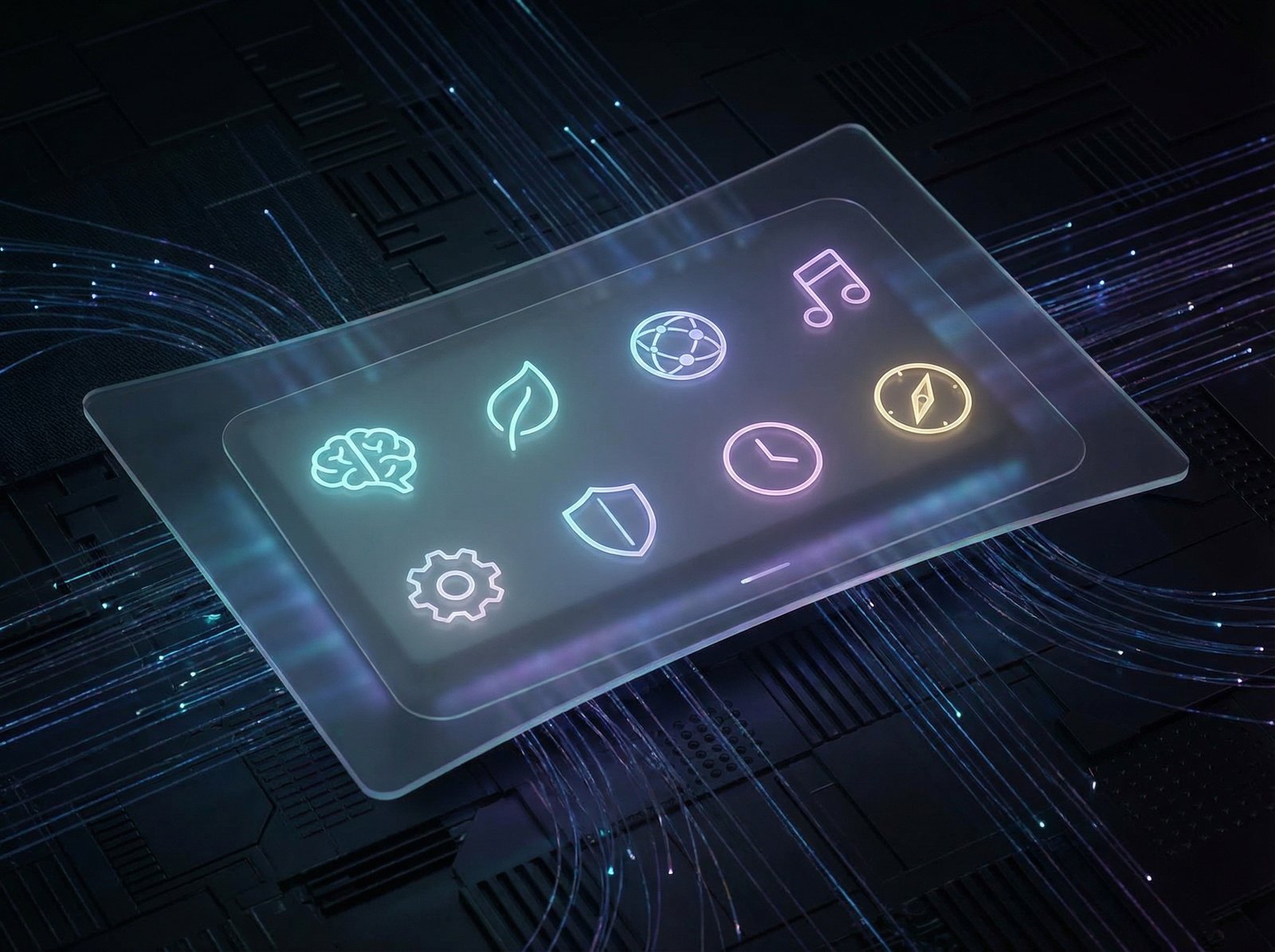 A detailed and futuristic 4:3 composition of a sleek computer interface with glowing, elegant, and simple icons. The background is a sophisticated dark tech texture with subtle light trails. The focus is on clarity and premium design quality. aspect ratio 4:3, no text.