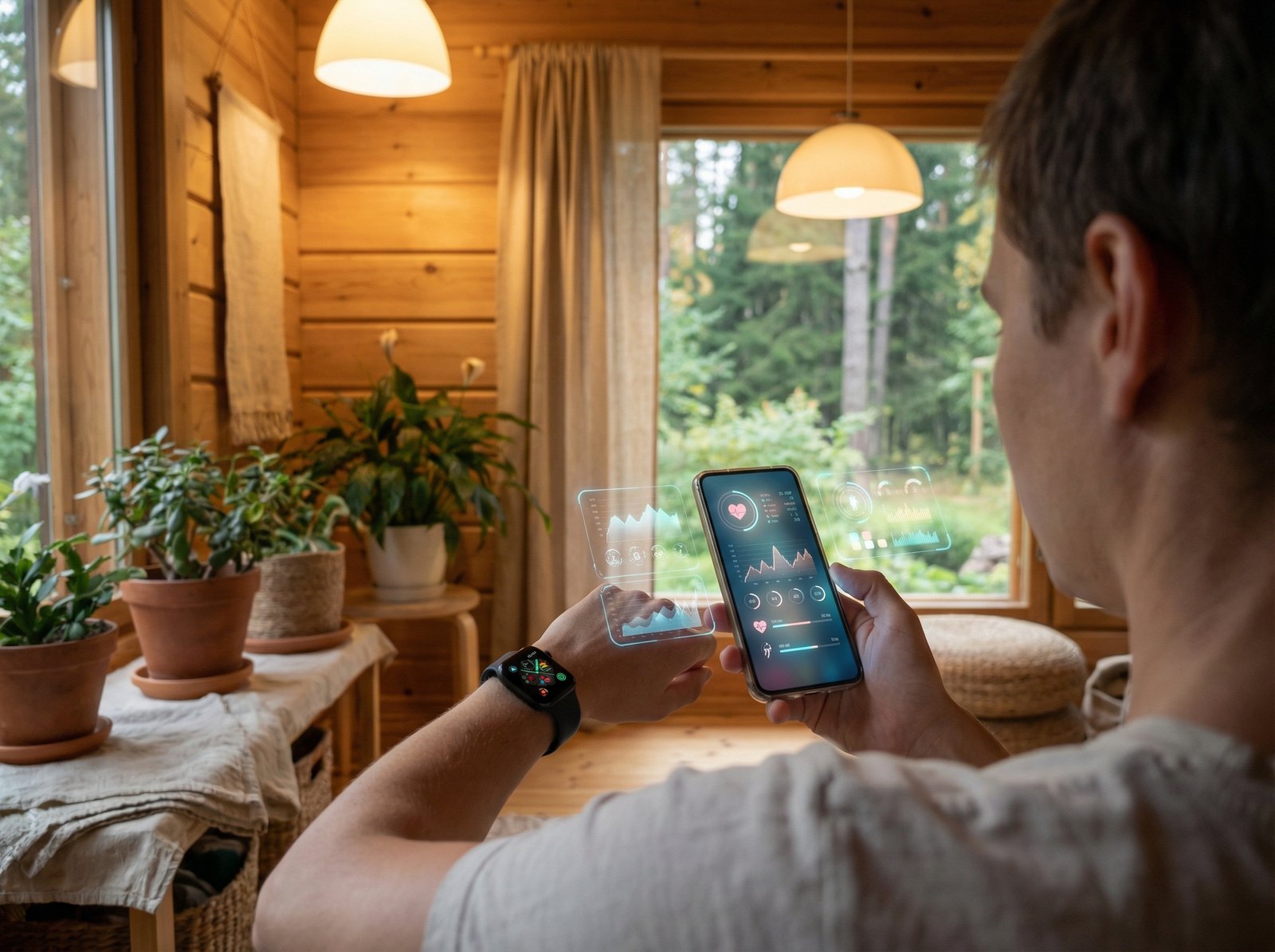 A person looking at a smartphone displaying futuristic health metrics and data visualizations, Apple Watch on wrist, soft indoor lighting, natural setting, 4:3, no text