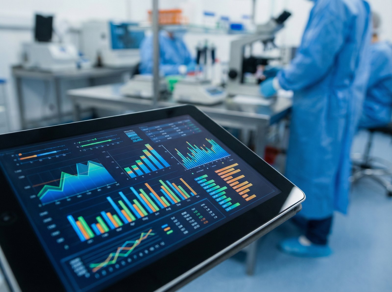 A modern tablet screen displaying medical lab results and graphs, high contrast, professional healthcare environment background, 4:3, no text