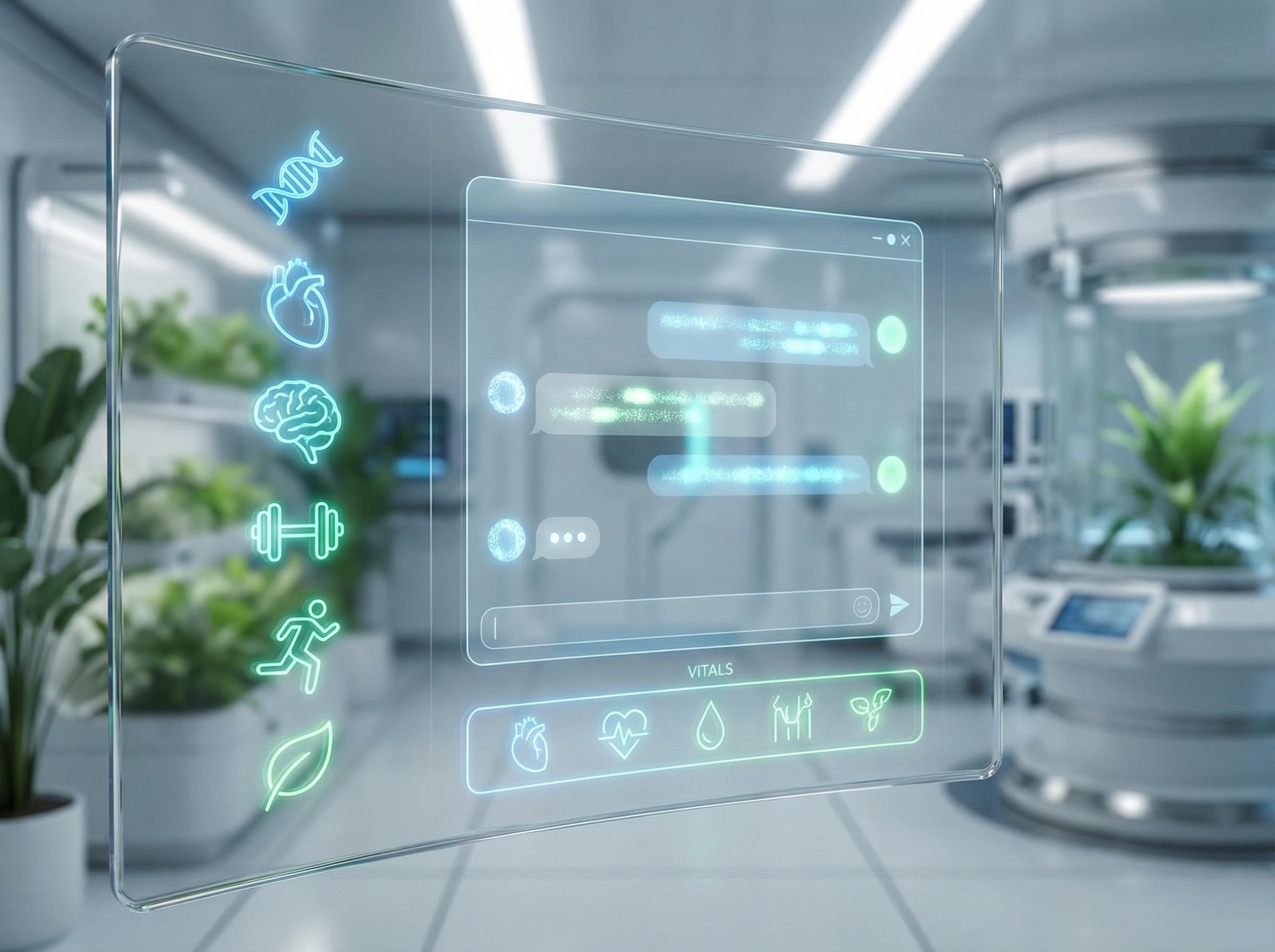 A futuristic AI chat interface focused on health and fitness, clean modern layout, glowing medical icons, 4:3, no text