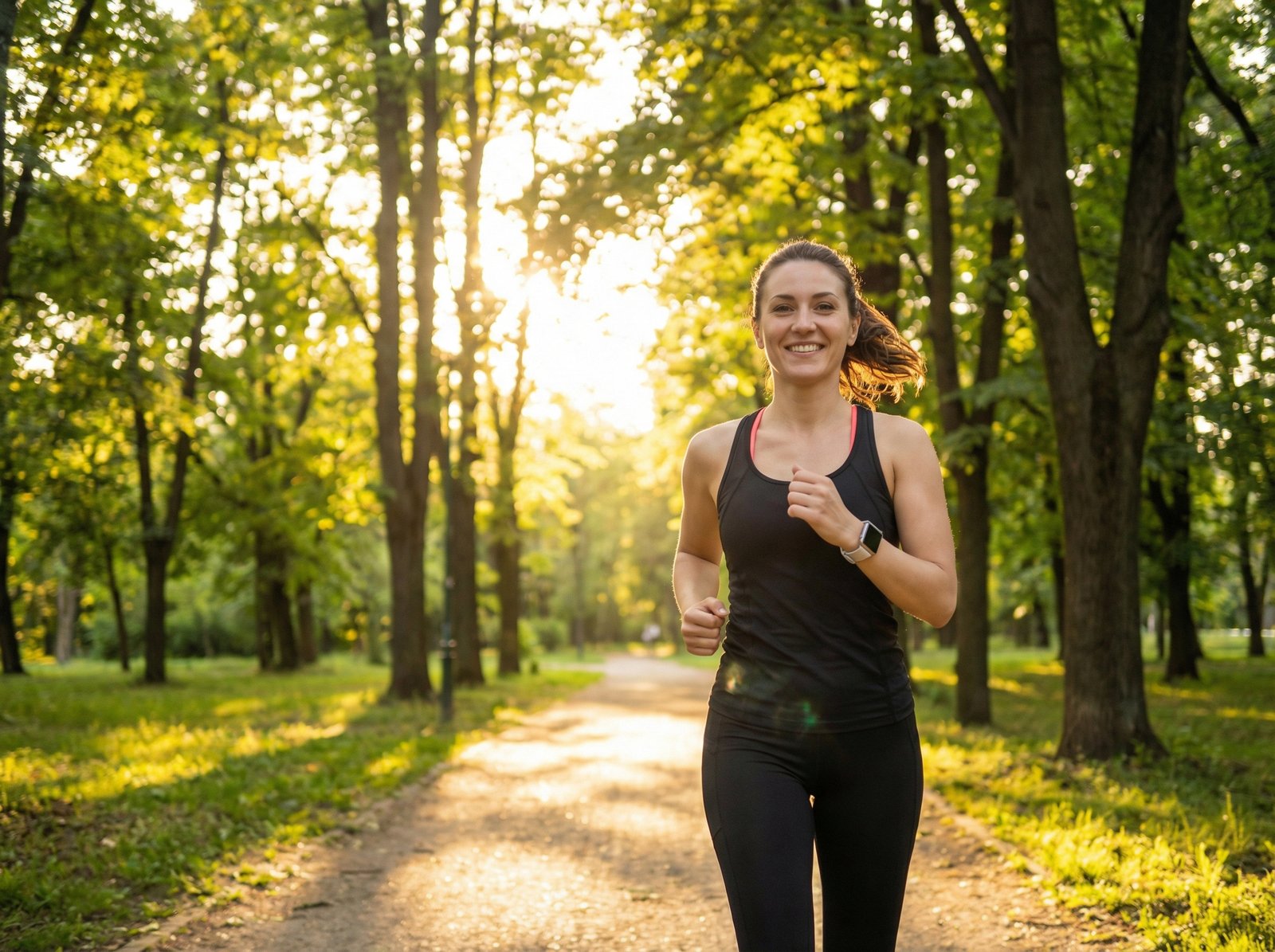 A happy person jogging in a park with a smartwatch, sunlight filtering through trees, lifestyle photography, 4:3, no text