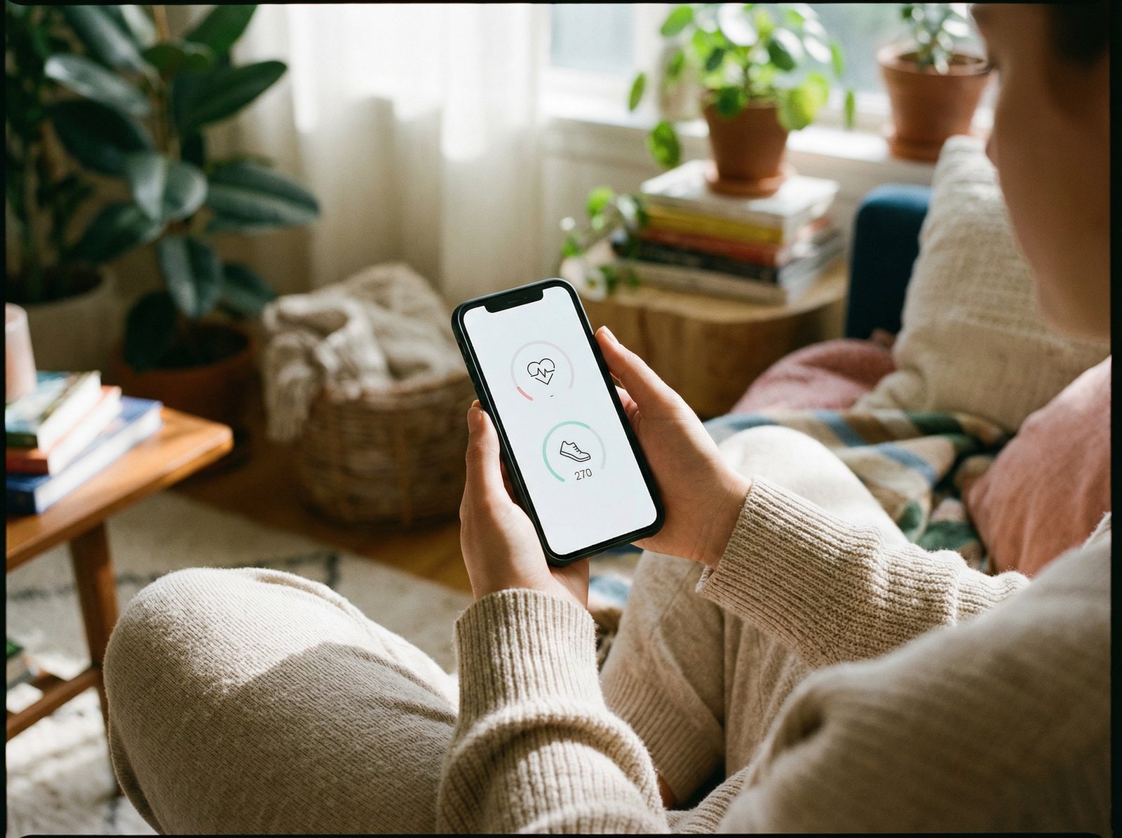 A modern lifestyle photo of a person holding a smartphone showing a clean health dashboard with heart rate and step count icons. Soft natural sunlight, cozy indoor background, high quality, 4:3 aspect ratio, no text.