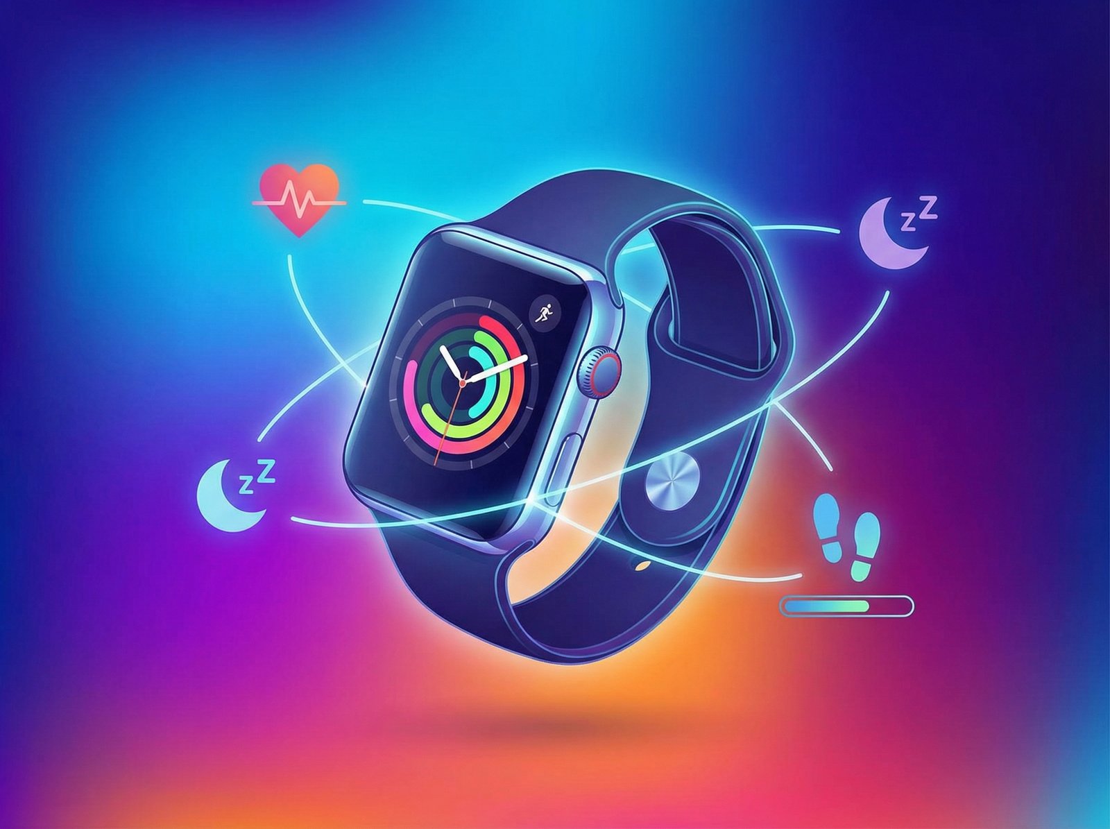 High-tech illustration showing a stylized Apple Watch connected to floating health icons like heart rate, sleep, and steps. Vibrant gradient background, clean lines, professional layout, 4:3 aspect ratio, no text.