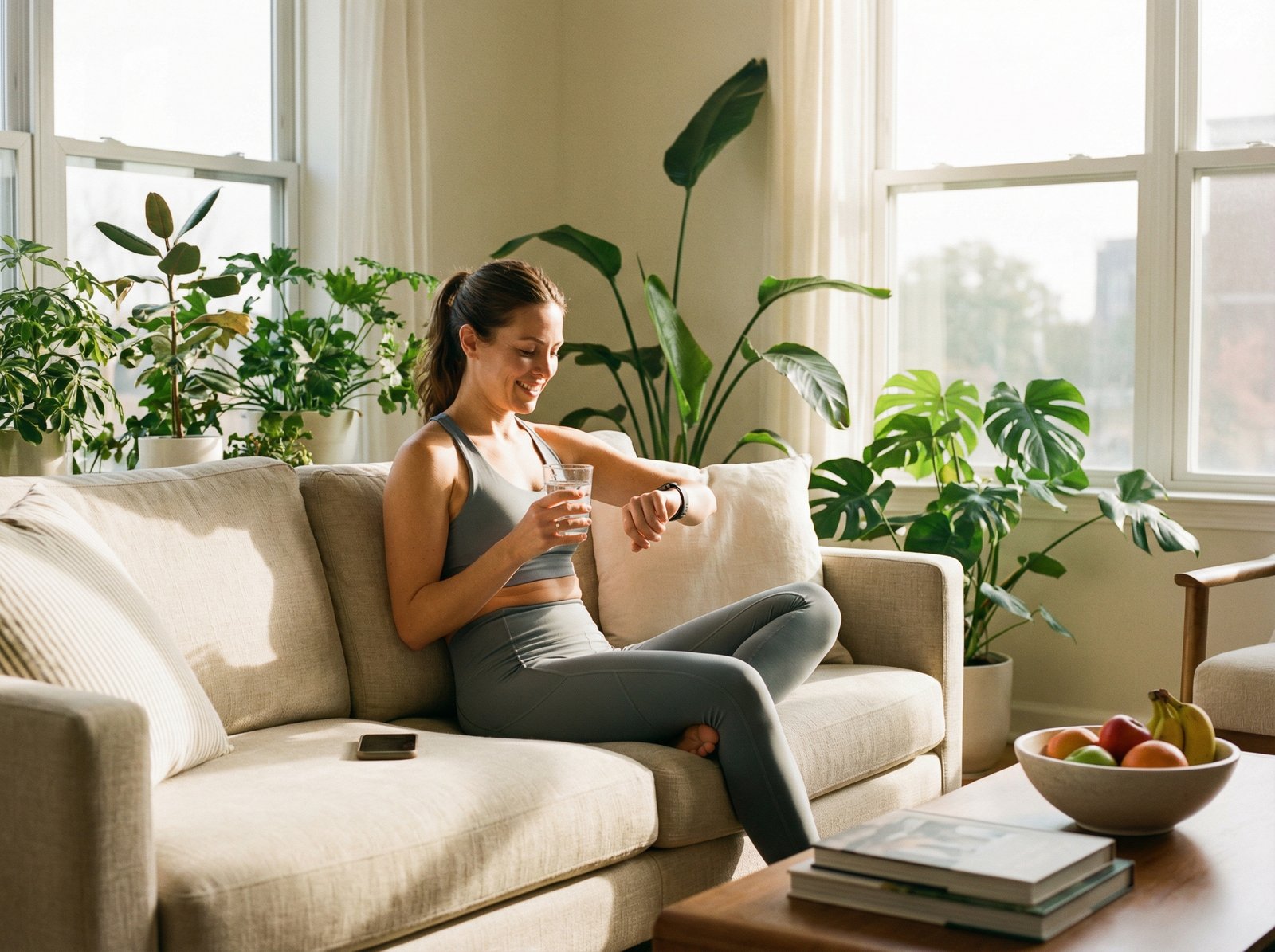 A lifestyle photography of a healthy person sitting on a sofa in a bright living room, looking at their phone and smartwatch while drinking water. Morning light, energetic and calm vibe, 4:3 aspect ratio, no text.