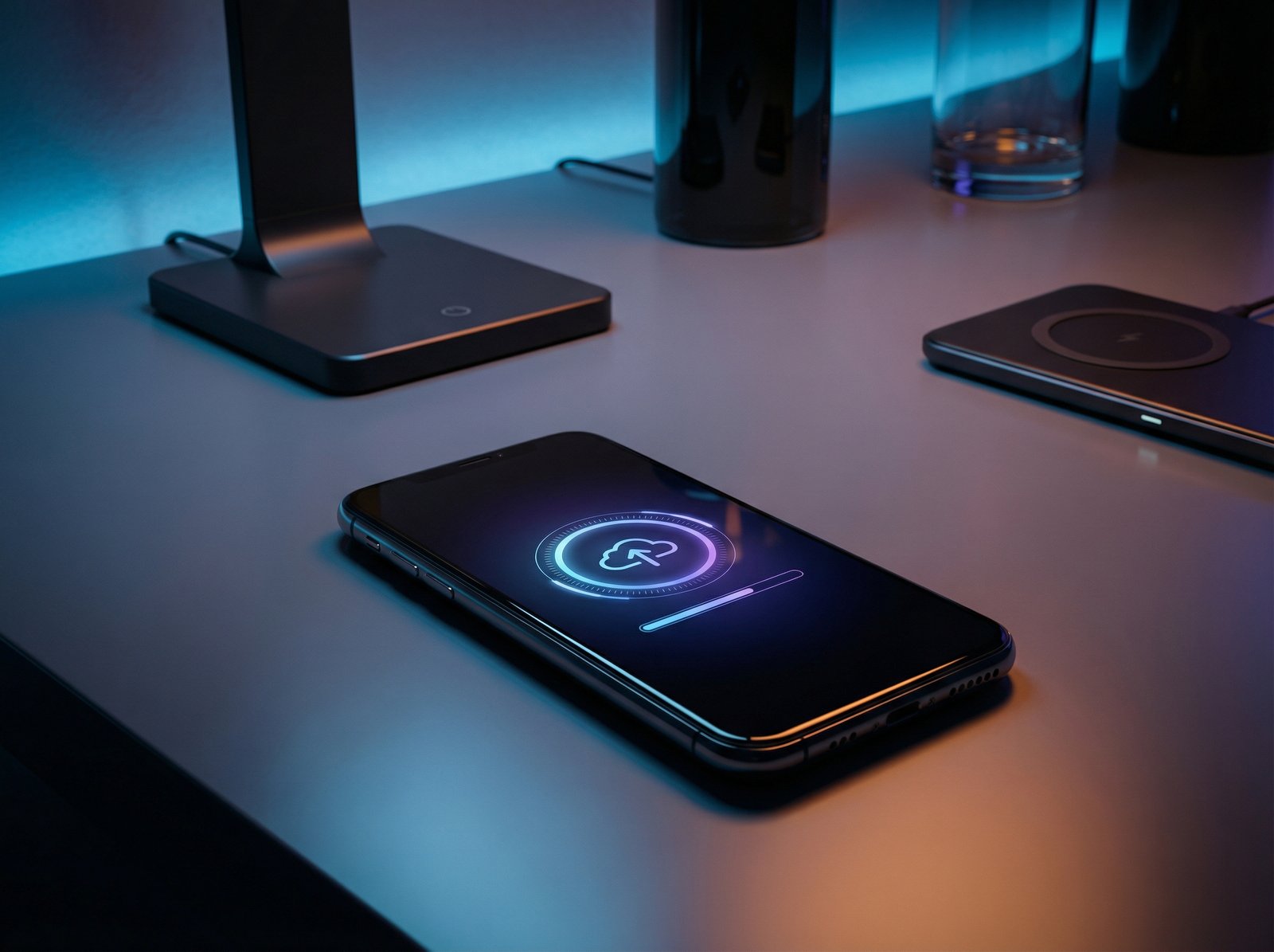 a modern and sleek smartphone showing a software update notification on the screen, clean minimalist workspace background, futuristic tech vibe, high contrast, 4:3 aspect ratio, no text