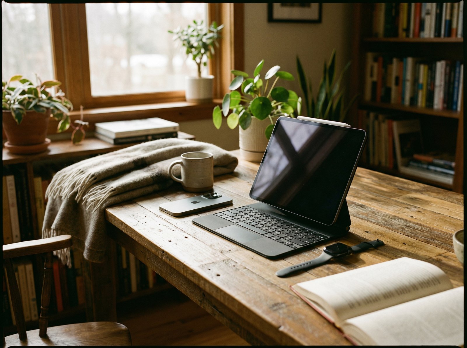 a group of Apple devices including iPhone and iPad and Apple Watch on a wooden desk, warm natural lighting, lifestyle photography, cozy atmosphere, 4:3 aspect ratio, no text