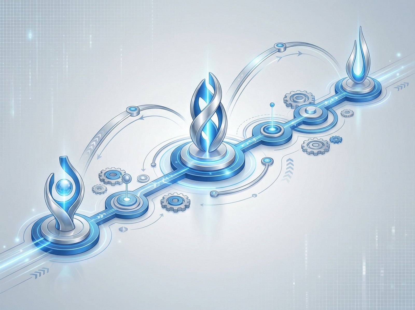 a clean infographic style illustration representing a timeline or progress, modern blue and silver color palette, professional look, high resolution, 4:3 aspect ratio, no text