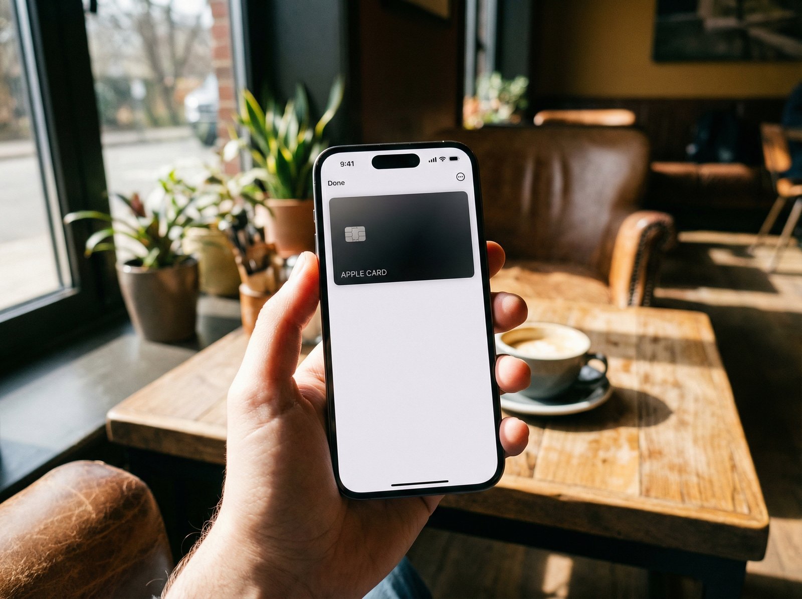 Close-up shot of a hand holding a modern iPhone displaying a sleek, minimalist digital credit card in the Apple Wallet app. The setting is a cozy, high-end cafe with natural sunlight streaming in. The mood is professional yet daily and comfortable. 4:3 aspect ratio, no text.