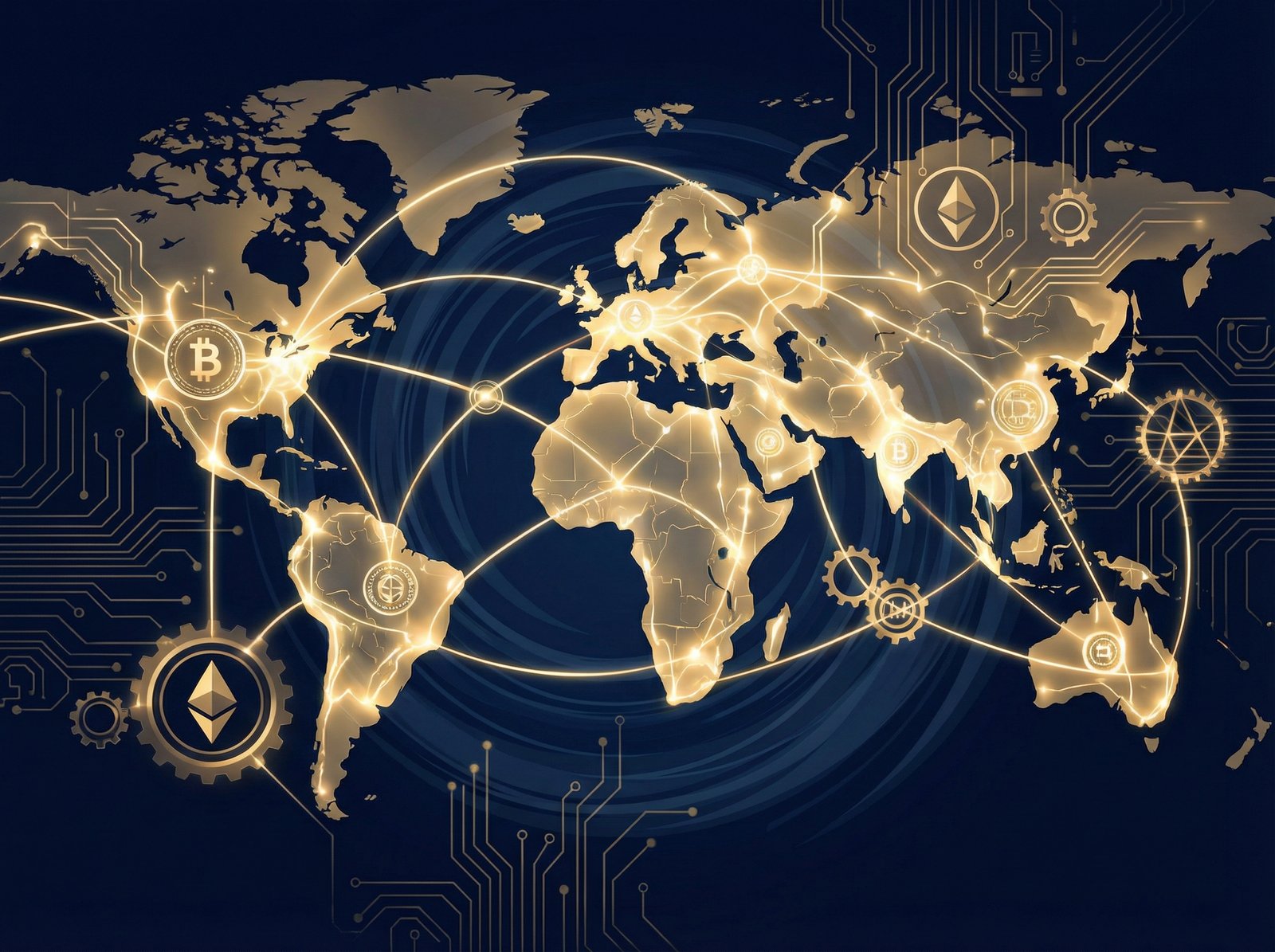 An abstract illustration representing global financial connectivity. Symbols of digital currency, glowing circuits, and world maps interconnected by lines of light. The colors are deep navy blue and vibrant gold, giving a sense of security and future technology. 4:3 aspect ratio, no text.