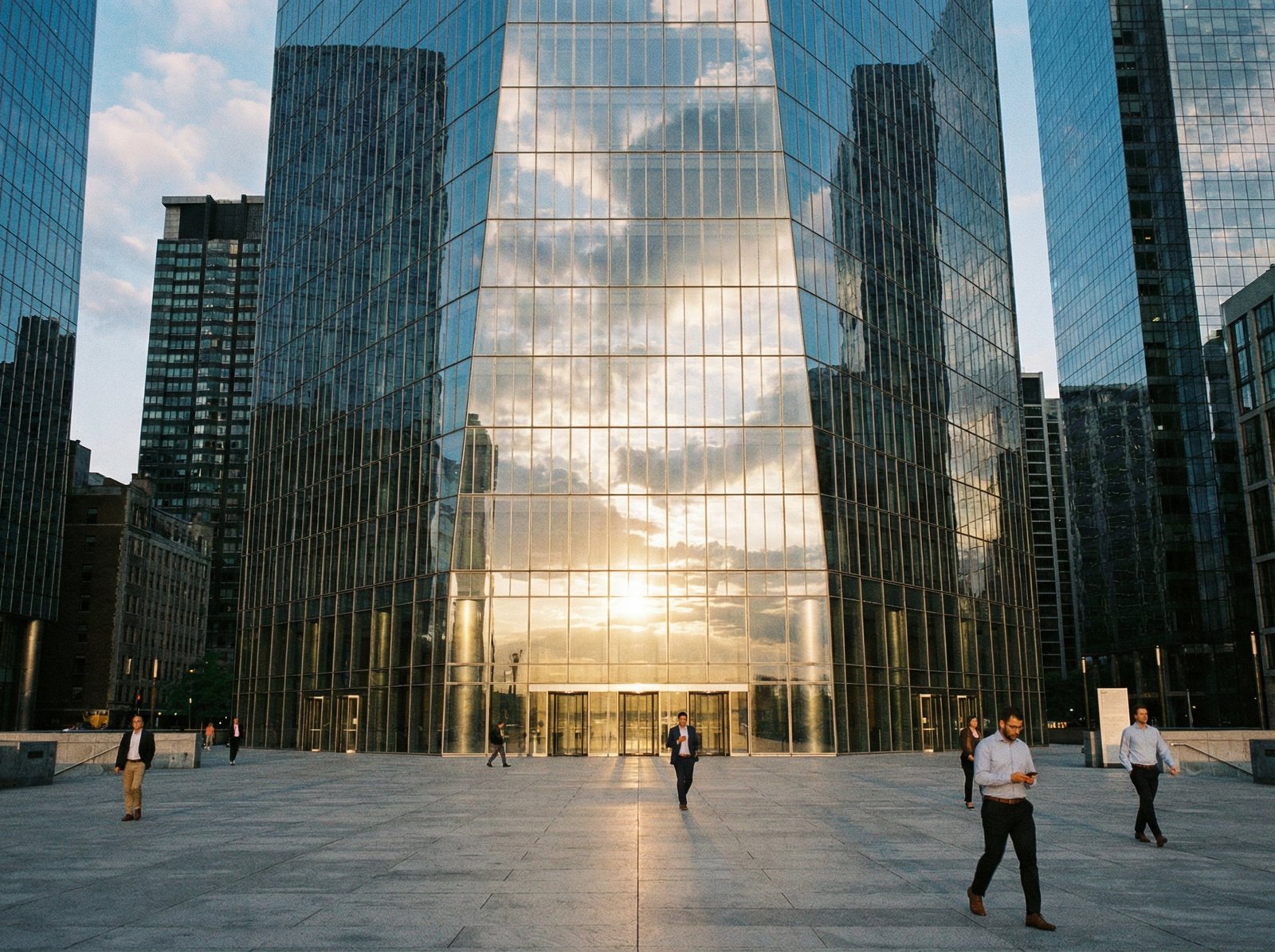 A wide-angle exterior shot of a modern glass skyscraper reflecting the sky, representing a major financial district. In front of the building is a clean, minimalist plaza with a few people walking in business casual attire. The lighting is bright morning sun. 4:3 aspect ratio, no text.