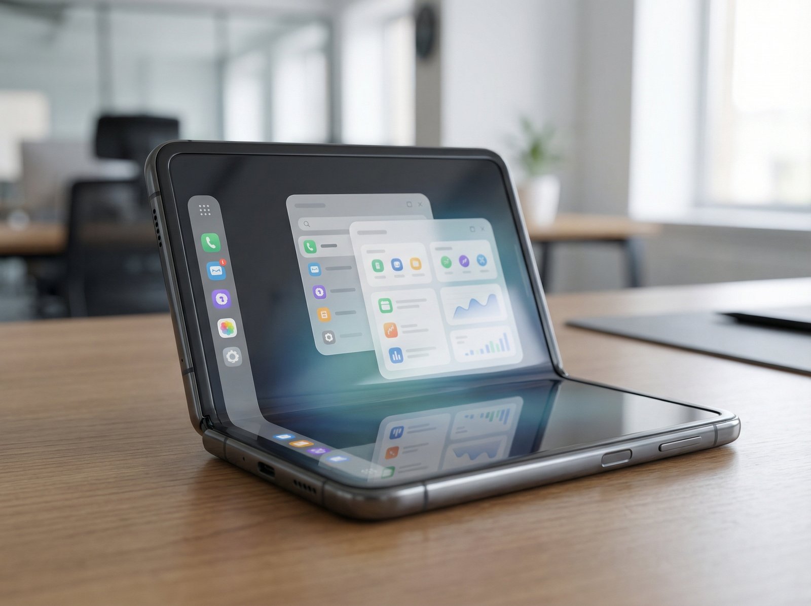 A foldable smartphone showing split-screen multitasking with a side bar and multiple app windows open, similar to iPadOS, sleek and premium design, modern office setting background, 4:3 aspect ratio, no visible text
