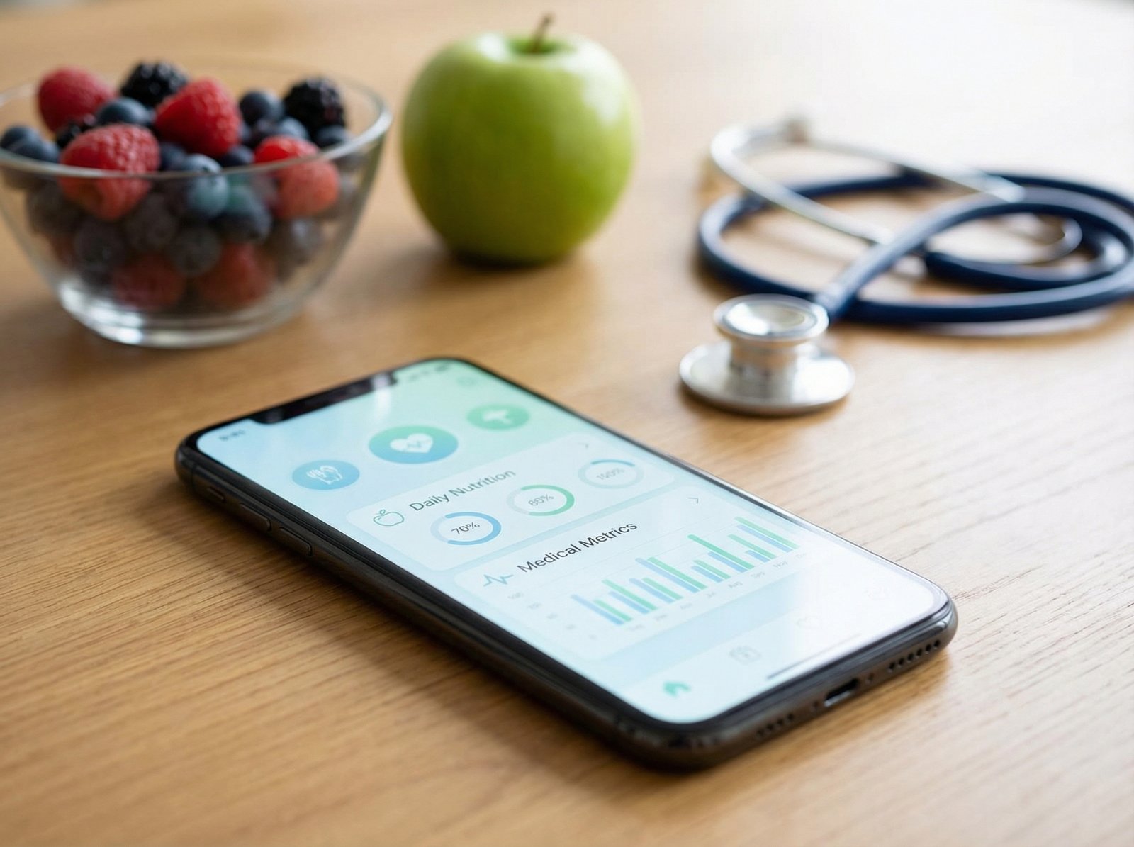 A clean and professional UI of a health application on a smartphone screen showing nutrition plans and medical metrics, healthy lifestyle aesthetic with fresh fruits and a stethoscope in the blurred background, 4:3 aspect ratio, no visible text