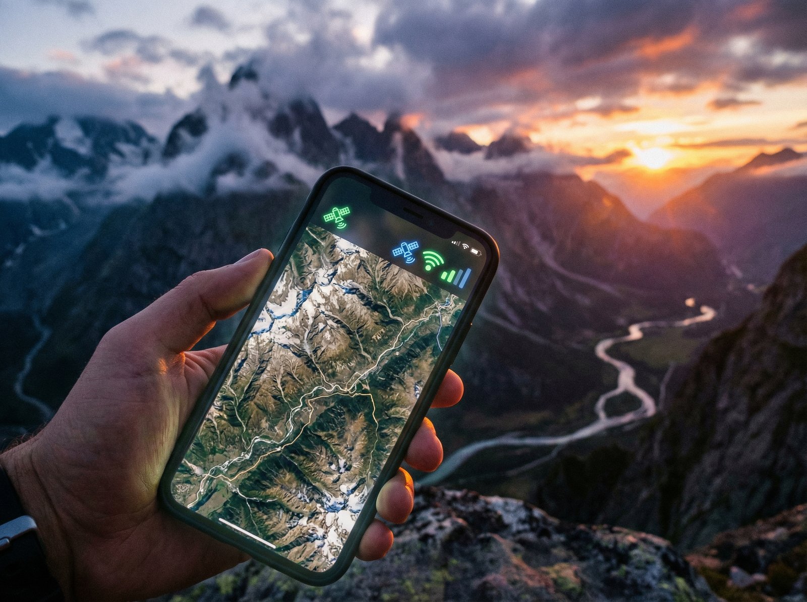 A smartphone screen displaying a satellite map interface in a remote mountain landscape, glowing satellite connection indicators, dramatic natural scenery background, 4:3 aspect ratio, no visible text