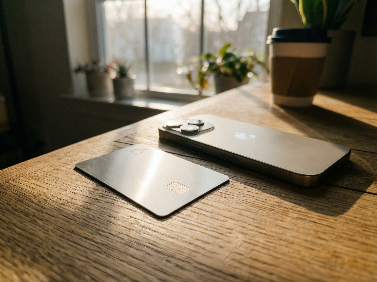 A professional close-up shot of a physical titanium Apple Card resting on a minimalist wooden desk next to an iPhone. Warm natural sunlight filtering through a window, soft bokeh background, high-quality lifestyle photography, 4:3 aspect ratio, no text.
