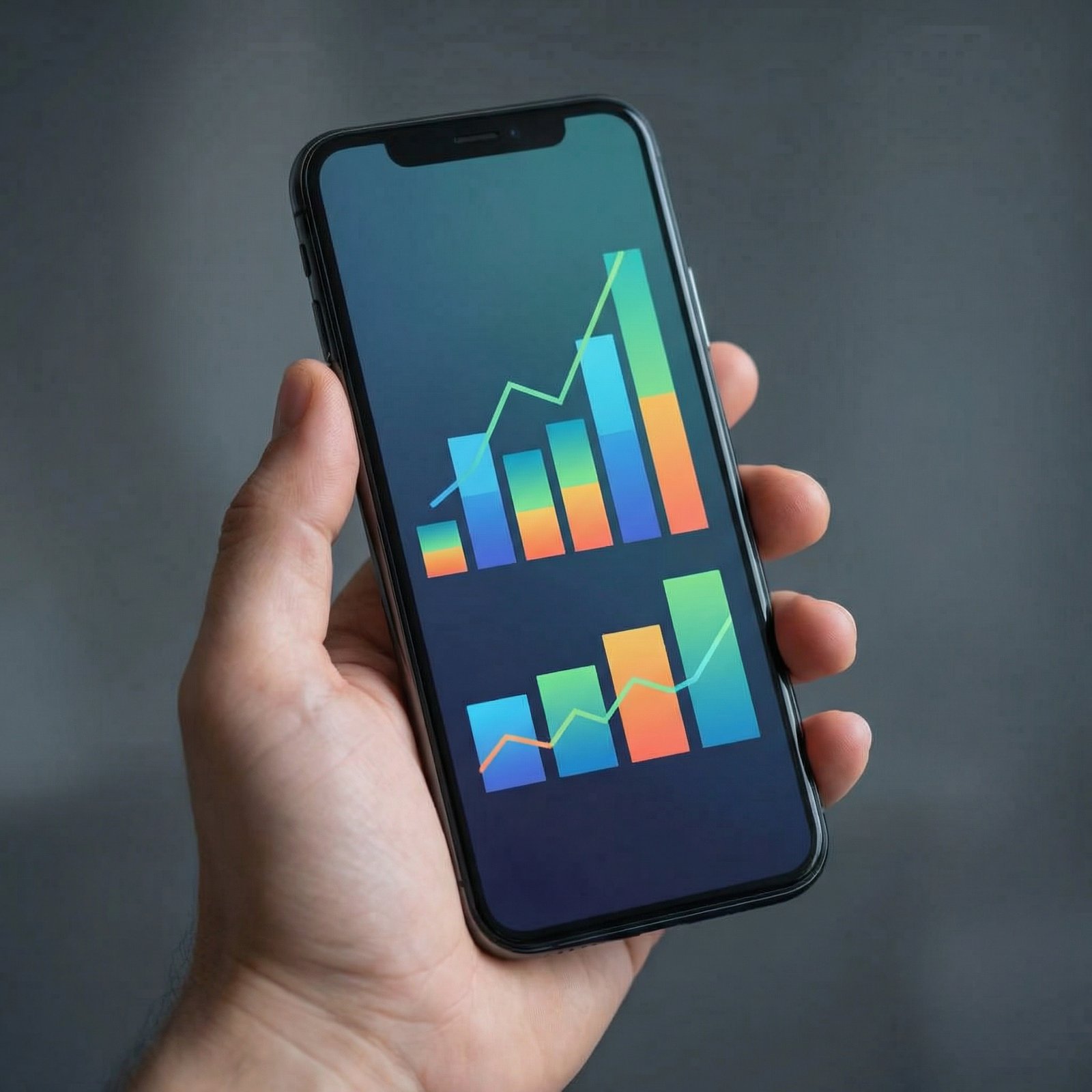 A high-contrast close-up of a person's hand holding an iPhone displaying the Apple Wallet interface with colorful transaction graphs. Modern clean design, soft studio lighting, high-quality informational style, 1:1 aspect ratio, no visible text.