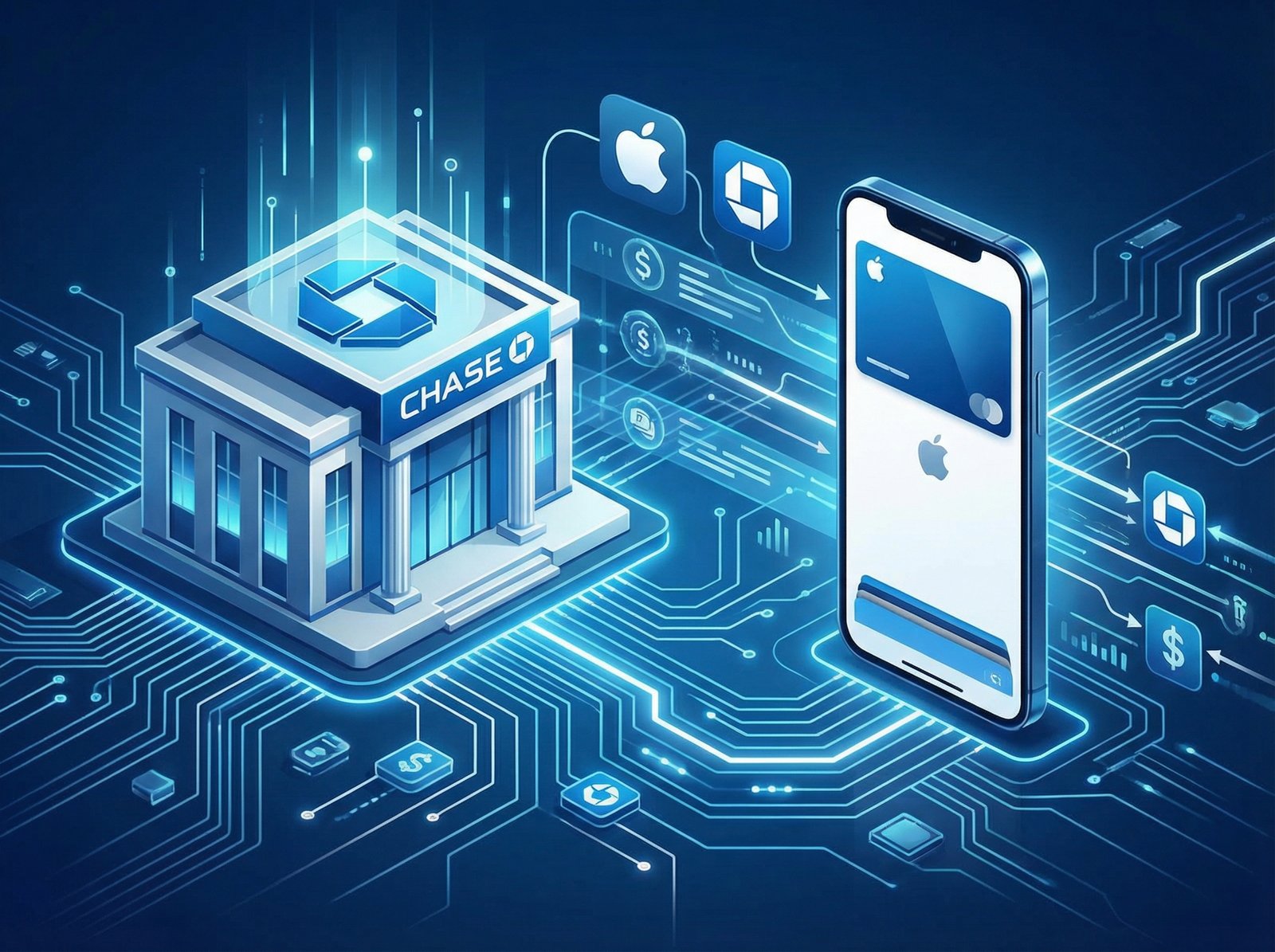 A conceptual illustration showing the integration of Apple and Chase systems. Abstract glowing lines connecting a stylized bank building and a smartphone. Blue and white color palette, professional high-tech aesthetic, 4:3 aspect ratio, no text.