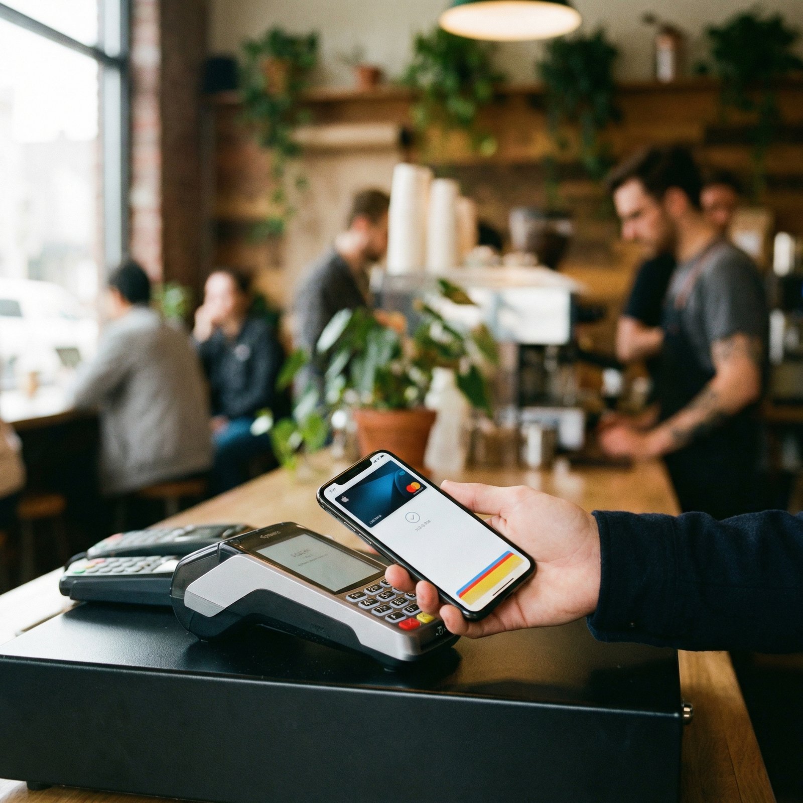 Lifestyle photography of a young adult using an iPhone to pay at a stylish urban coffee shop counter. Natural lighting, blurred background showing a cozy cafe interior, focus on the phone and the payment terminal, 1:1 aspect ratio, no text.