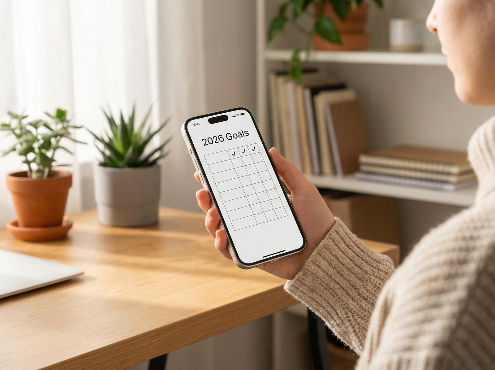 A modern lifestyle photography of a person using an iPhone 16 Pro to set 2026 New Year goals, soft morning light, cozy home office background, clean interface on screen, 4:3, no visible text