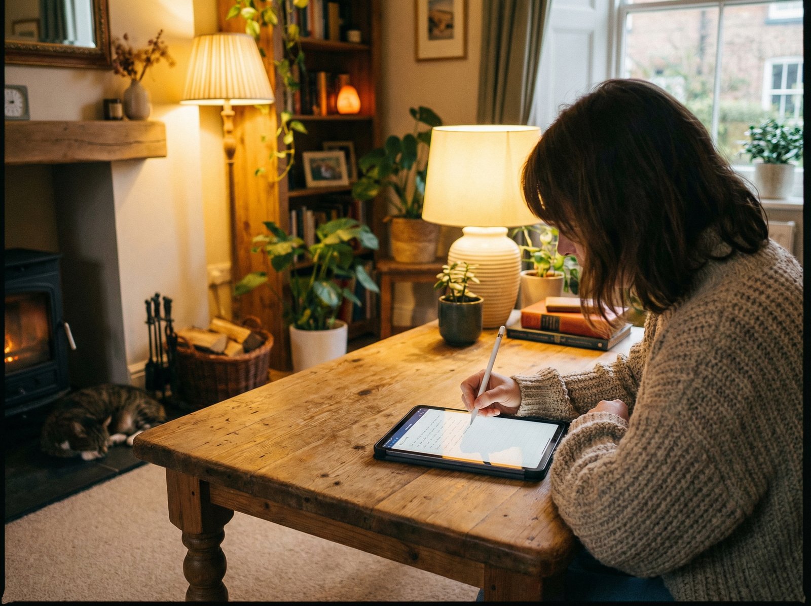 Serene indoor setting with a person writing in a journal app on an iPad with a pencil, warm interior lighting, wooden table, 4:3, no visible text