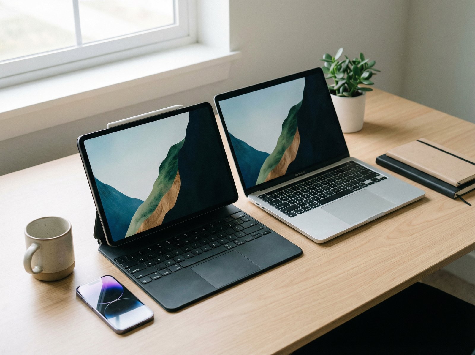 High angle shot of a clean desk with a Mac, iPad, and iPhone all synced, minimal aesthetic, soft natural light, professional setup, 4:3, no visible text