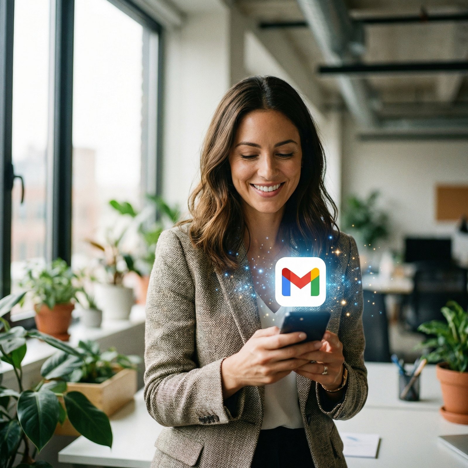 A modern professional person smiling while looking at a smartphone screen featuring a glowing Gmail icon with subtle AI spark effects, natural office lighting, high quality lifestyle photography, 1:1