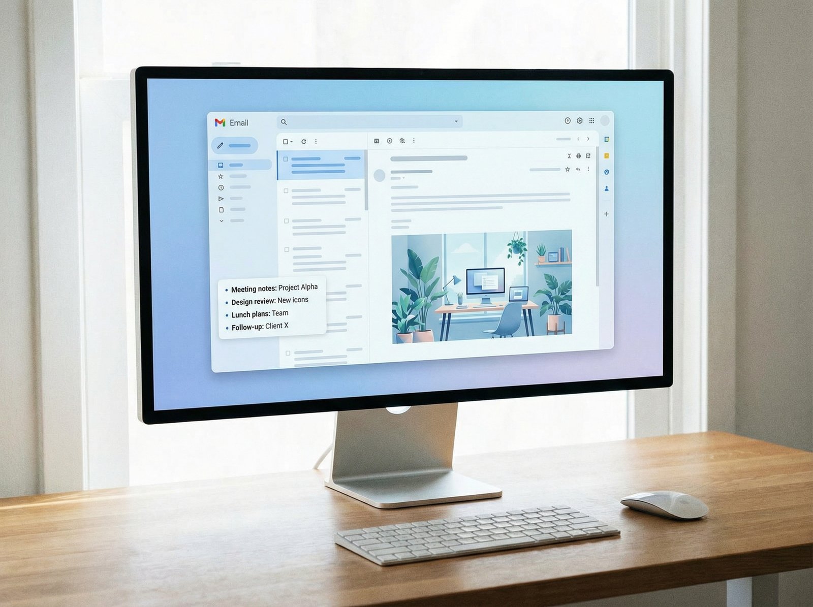 A clean and minimalist desktop computer screen displaying a modern email interface with a sidebar showing summarized bullet points, soft blue and white theme, digital workspace illustration, 4:3