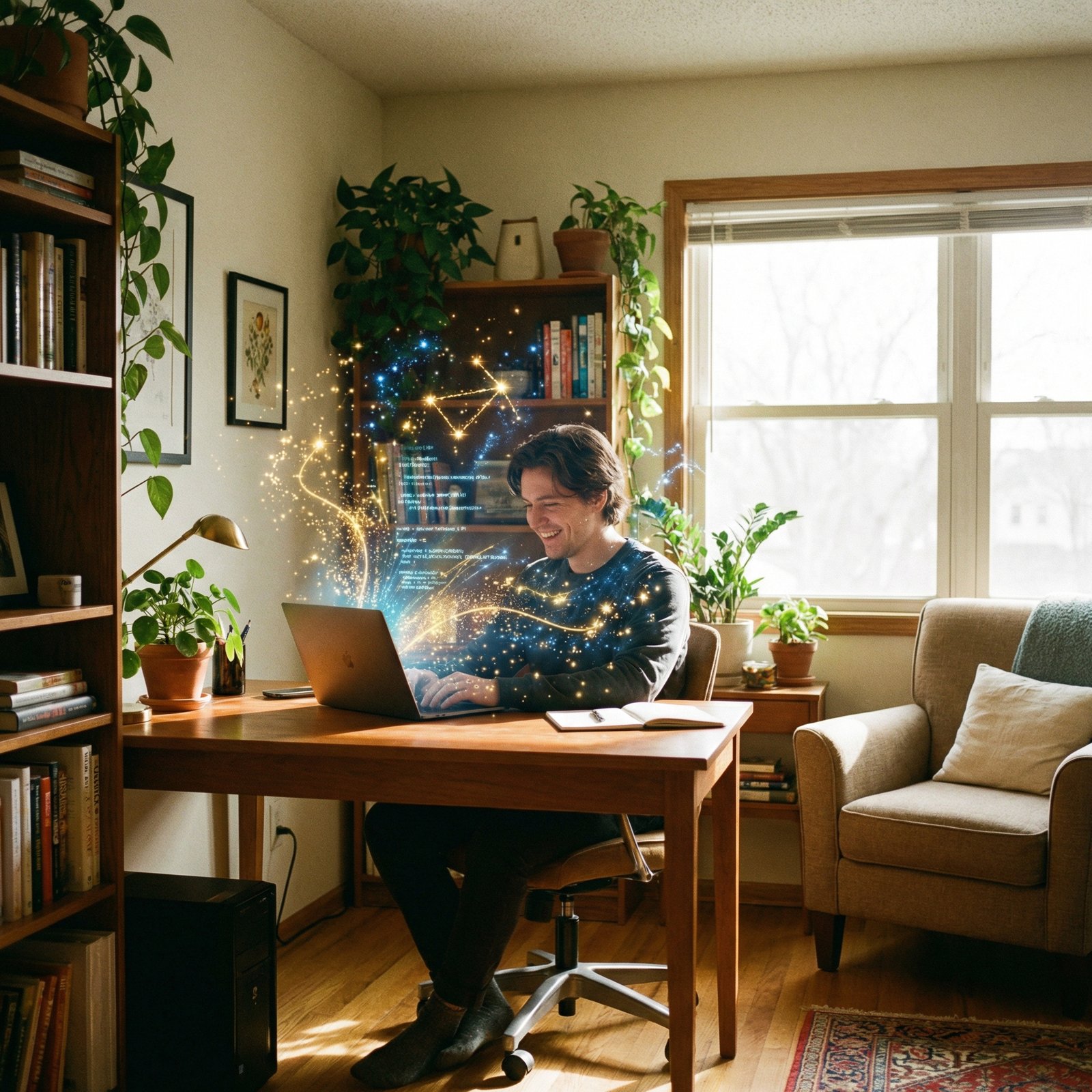 A person working on a laptop in a bright home office, digital sparkles emerging from the laptop screen signifying AI assistance, cozy and productive atmosphere, 1:1