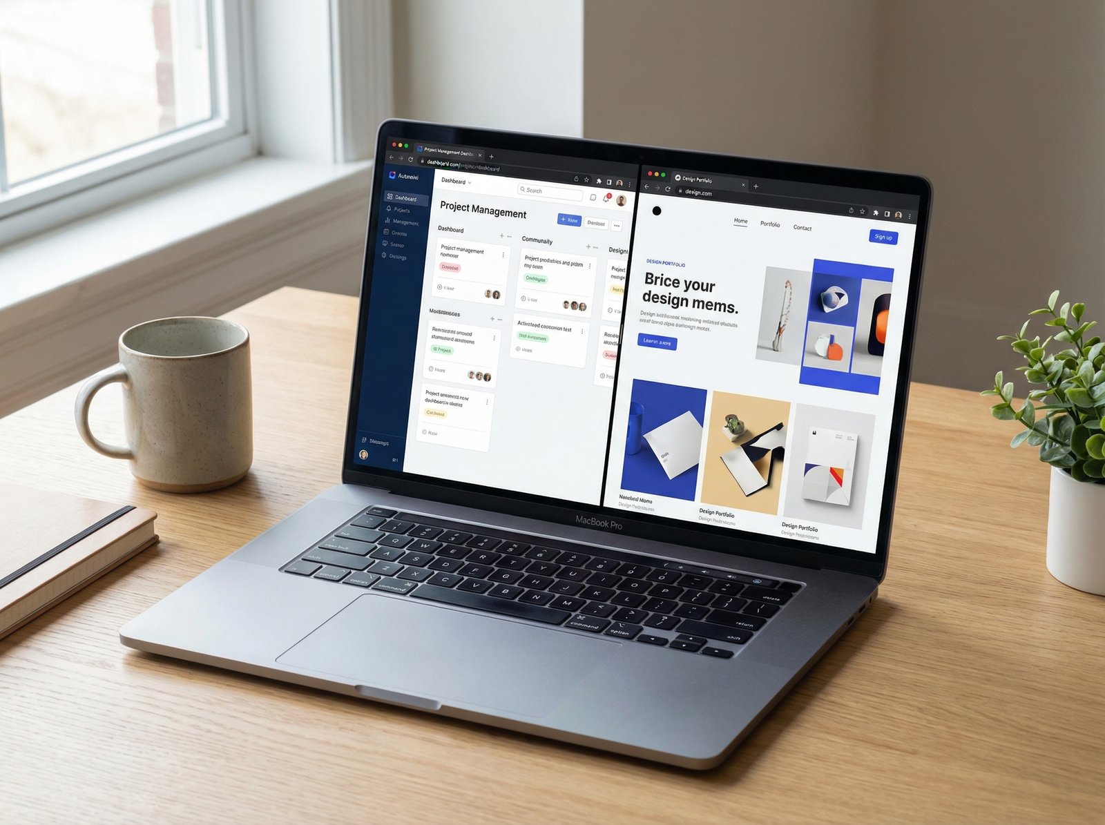A modern MacBook on a clean wooden desk showing a browser with two side-by-side website layouts, productivity aesthetic, high-resolution, realistic, 4:3 aspect ratio, no text.