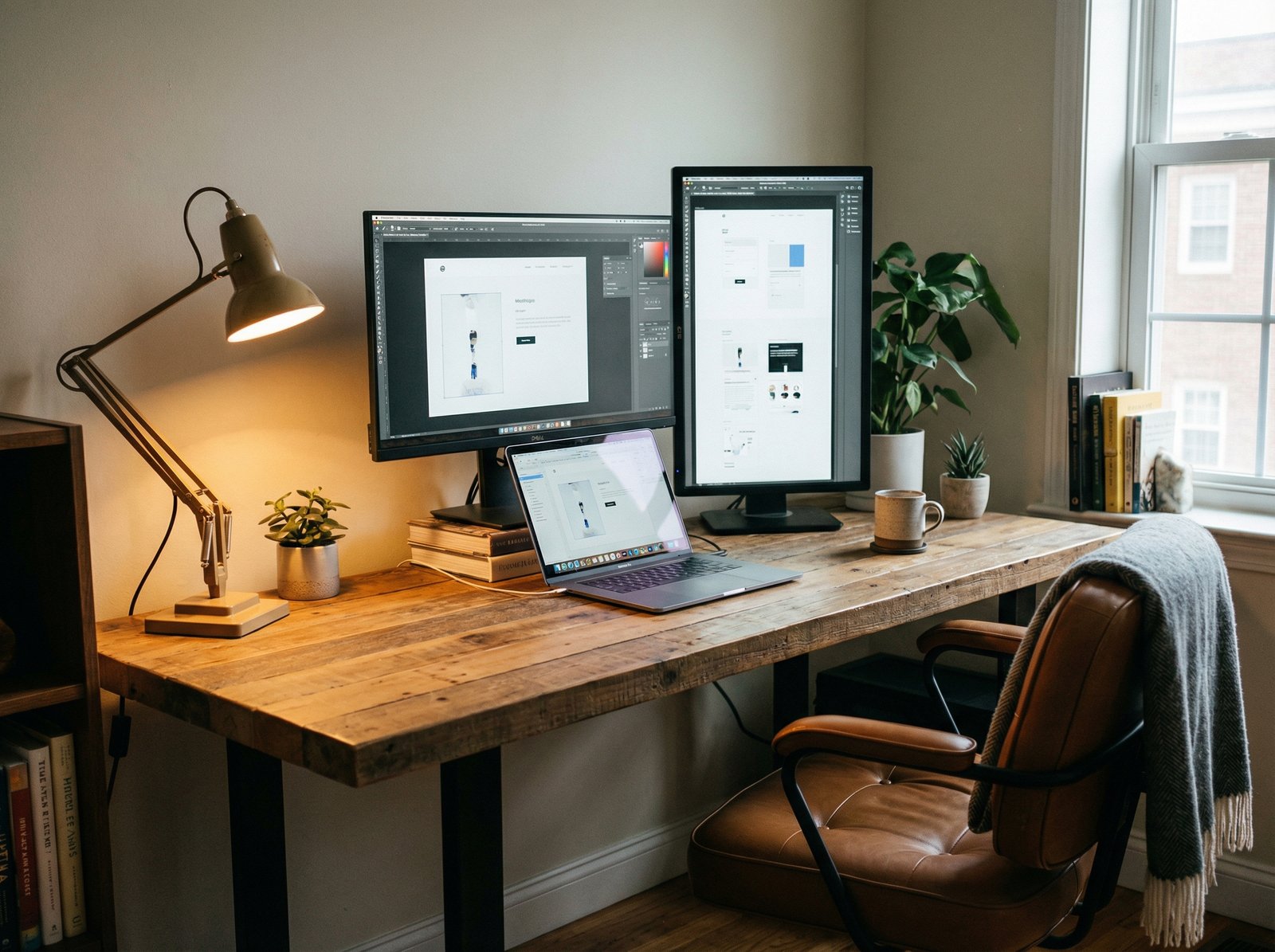 A professional workspace with multiple monitors and a laptop, cozy atmosphere with a desk lamp, realistic photography style, 4:3 aspect ratio, no text.
