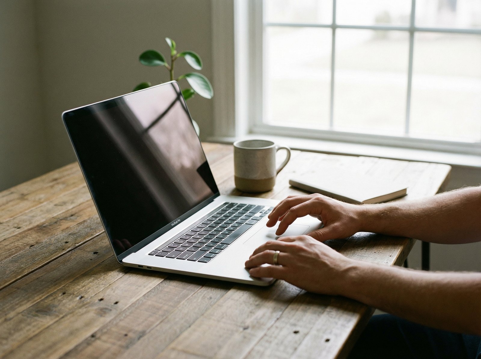 A minimalist office setup with a high-end laptop, a person's hand using a trackpad, bright natural light from a window, 4:3 aspect ratio, no text.