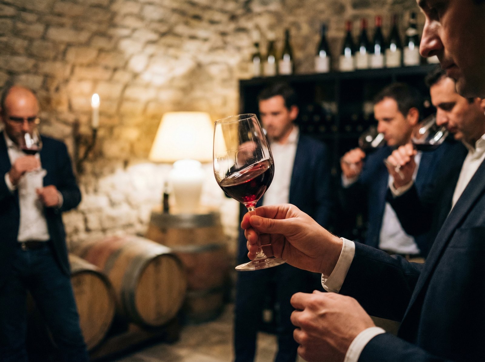 A cinematic scene of a professional wine tasting session in a dimly lit, high-end cellar, focused on a glass of red wine, elegant atmosphere, realistic photography, 4:3, no visible text