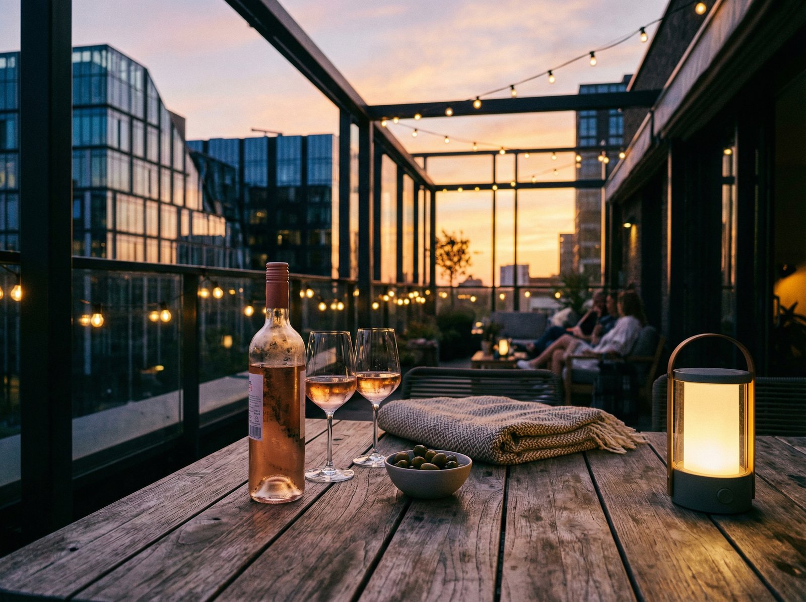 A stylish urban terrace at sunset with a bottle of wine and two glasses, modern architecture in the background, warm lighting, lifestyle photography, 4:3, no visible text