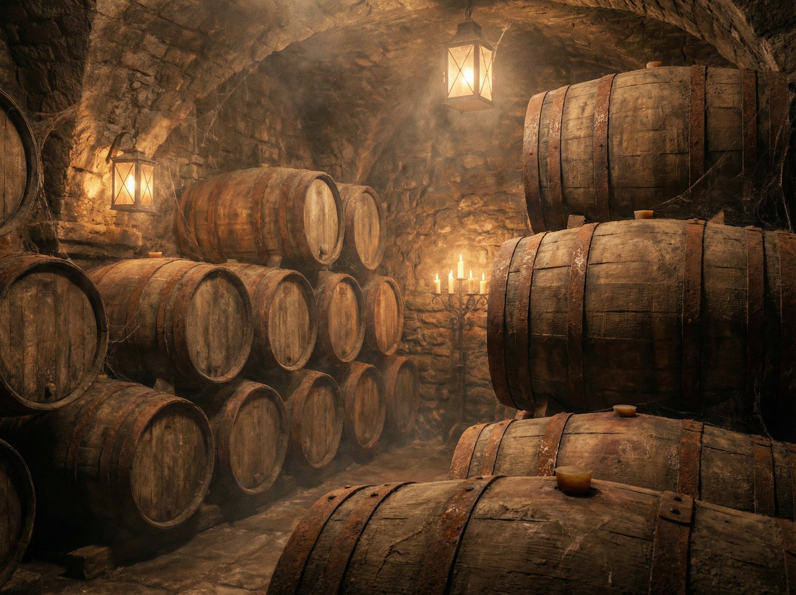 An old stone wine cellar filled with aged wooden barrels, dusty atmosphere, warm dim light, detailed texture, artistic rendering, 4:3, no visible text