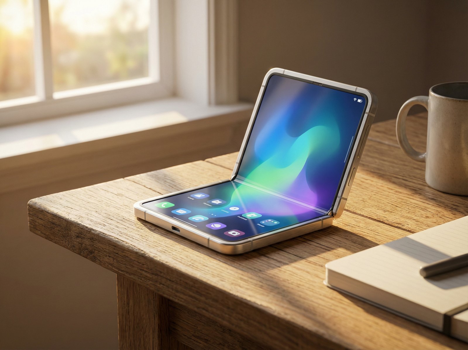 A high-tech concept of a square foldable smartphone on a wooden desk, sleek aluminum edges, screen showing a vibrant UI, soft natural sunlight, 4:3 aspect ratio, no visible text --v 6.0