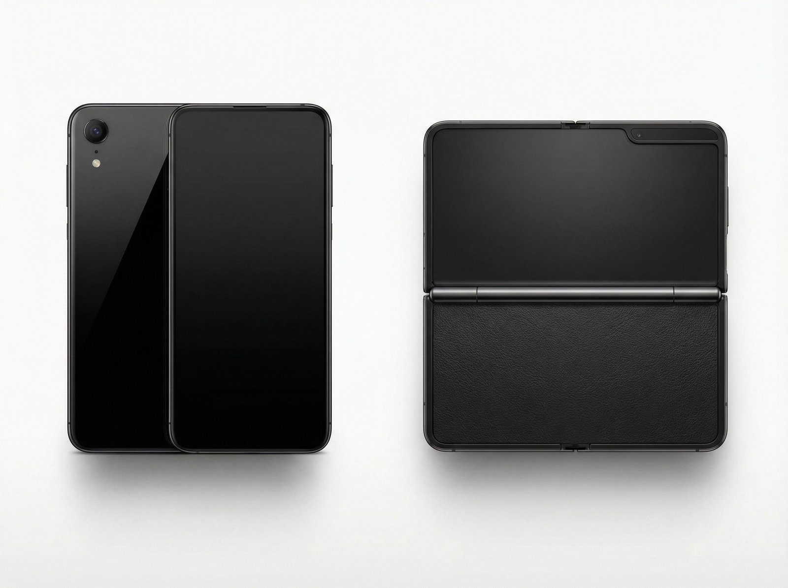 Side-by-side comparison of a tall narrow smartphone and a short wide foldable device, studio lighting, professional product photography, 4:3 aspect ratio, no visible text --v 6.0